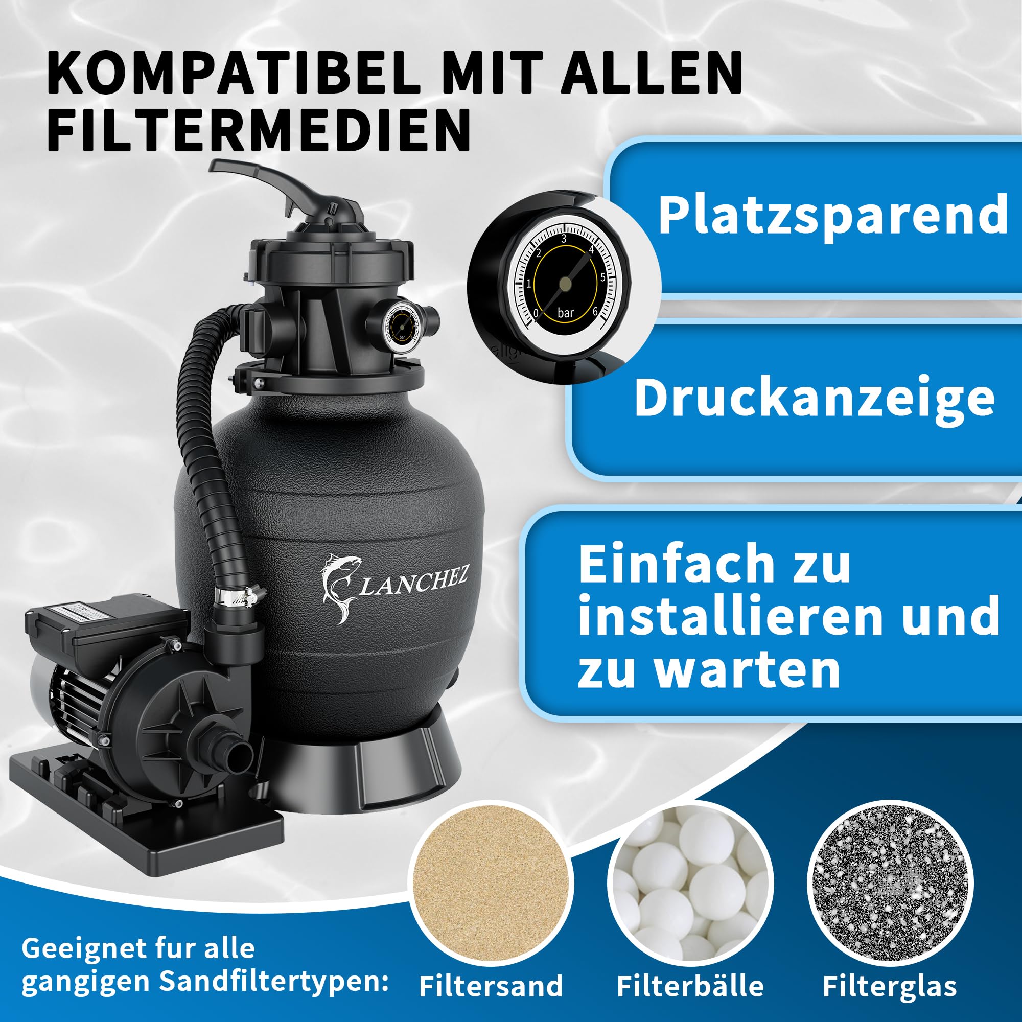 LANCHEZ Sandfilteranlage 9.000 L/h, 7-Wege-Ventil, 200g Filterbälle, Sandfilterkessel für Pool, Tankvolumen Maximal 10 kg Sand, 2in1 Adapter Ø32mm-38mm