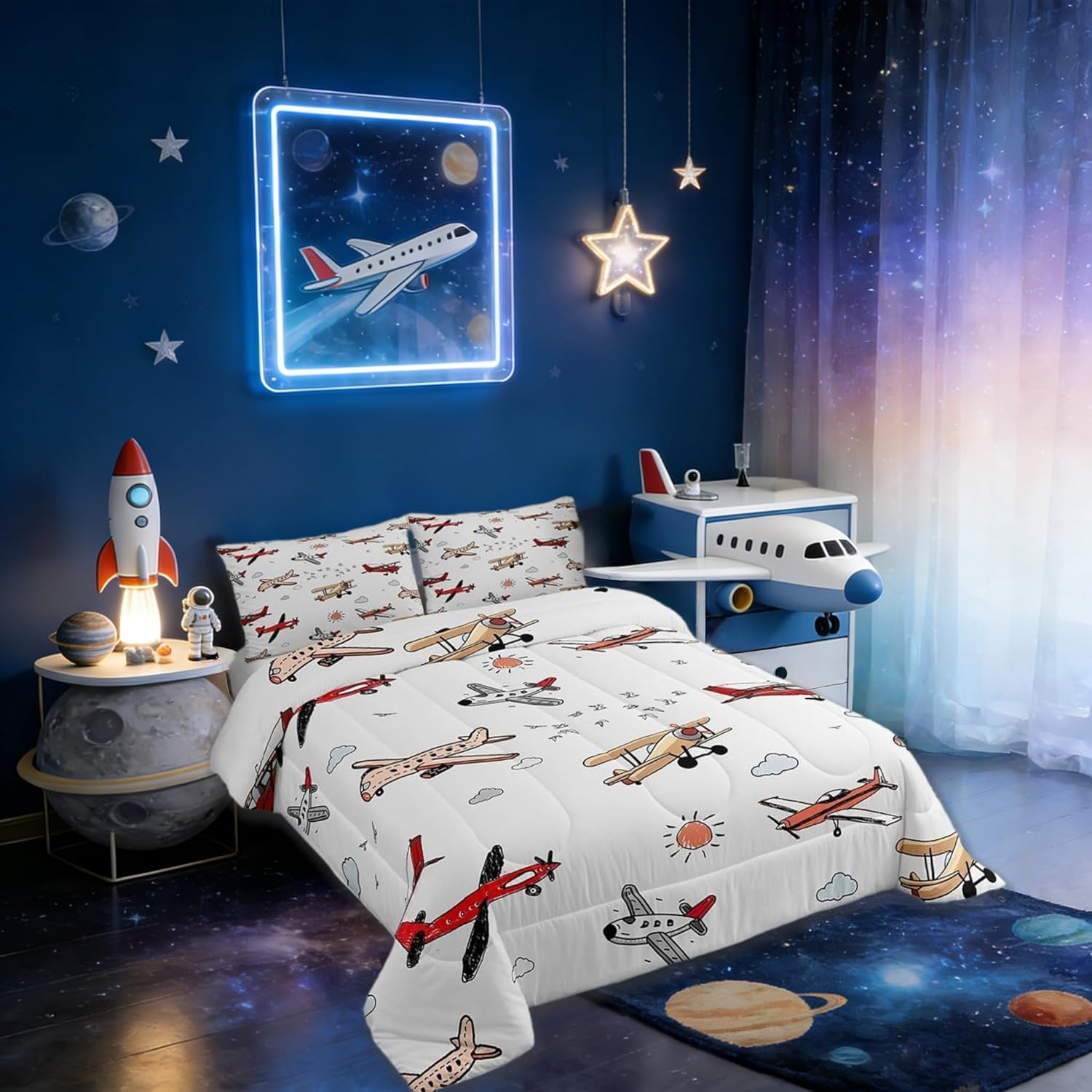 Castle Fairy Cartoon Airplane Kids Comforter Set Twin Size,Colorful Aircraft Print Aviation Style Bedding Set for Kids Boys Men,Sun Cloud Sky Birds Animal Quilted Duvet Set with 1 Pillowcase