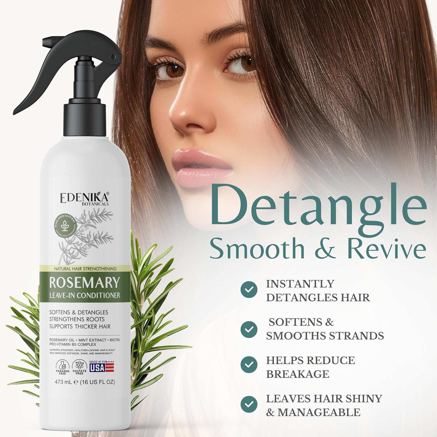 EDENIKA BOTANICALS Rosemary Leave-In Conditioner & Instant Detangler Spray with 100% Pure Rosemary Oil & Biotin for Thicker, Stronger, Soft & Healthy-Looking Hair, Sulfate-Free, Men & Women