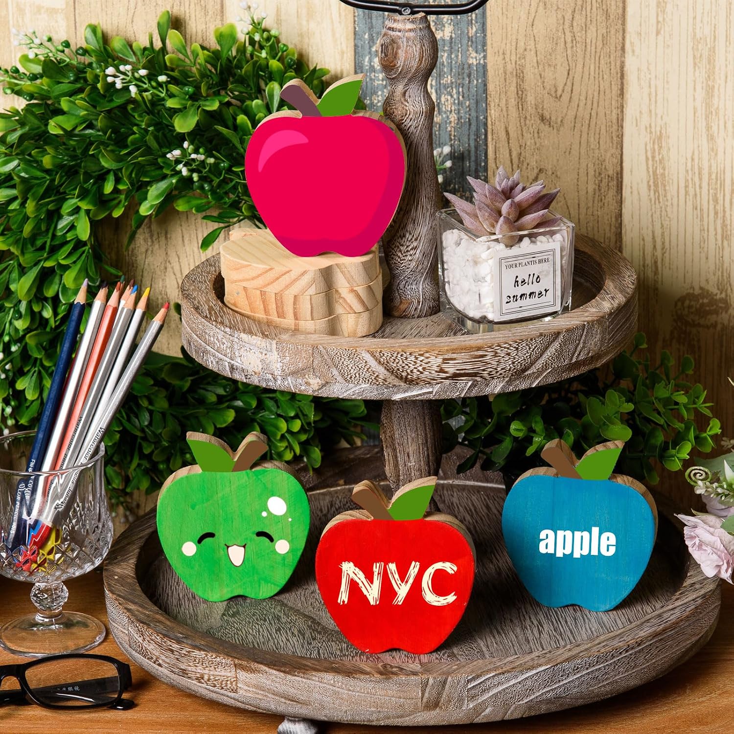 AWIZOM 12 Pcs Wooden Apple Cutouts Unfinished Apple Shaped Table Sign Wood Fruit Blocks to Paint Blank Wooden Table Centerpieces for DIY Crafts Back to School Home Tiered Tray Decor,3.94x3.43