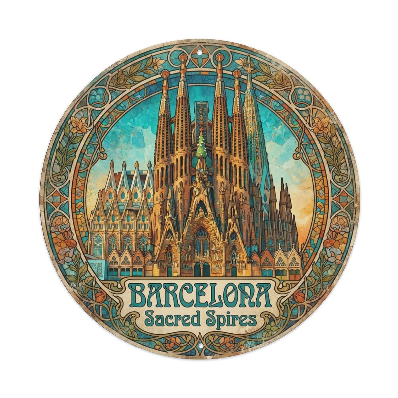 Vintage Travel Cathedral Barcelona Spires Metal Tin Sign Plaque Wall Decor for Cafe, Club Bar, Office, Home Garden Round Metal Poster 8x8Inch