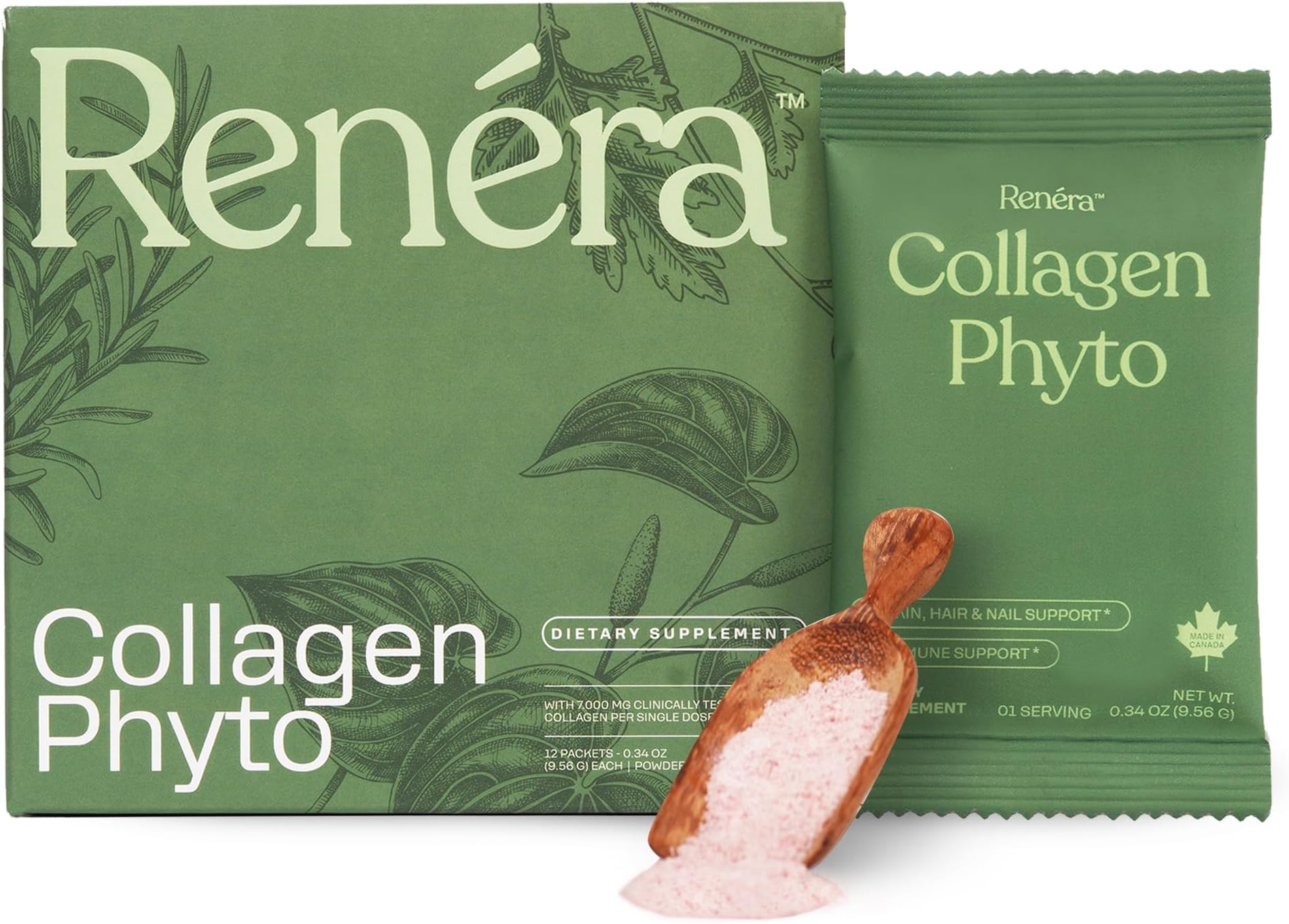 Renéra - Collagen Phyto Powder with Marine Collagen Peptides & Postbiotic, Clinically Studied Ingredients for Healthy Skin, Hair, Nails and Immunity, Healthy Aging Support* - 12 Packets