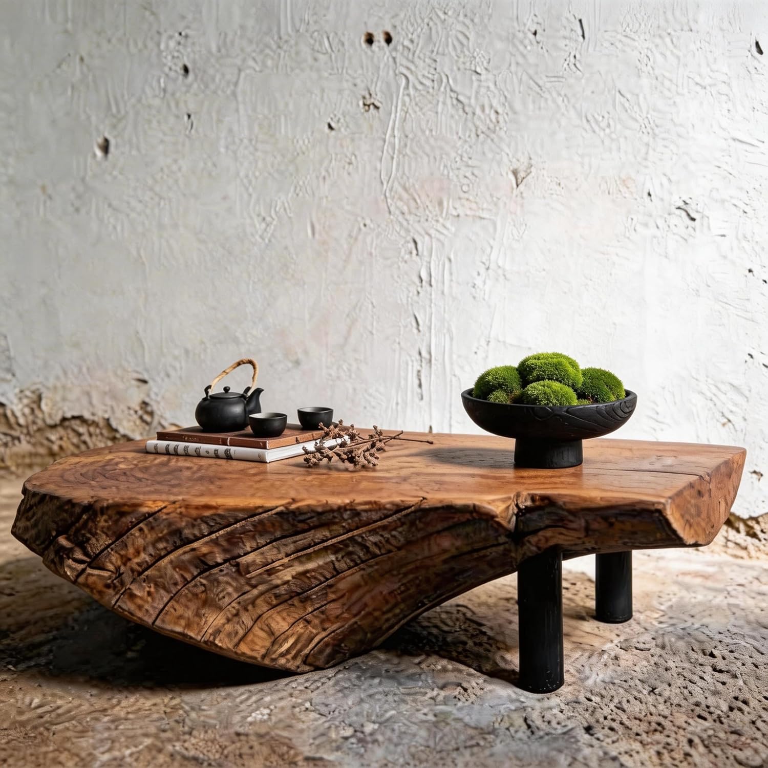 Moss Bowl Wooden Decorative Bowl, Wabi Sabi Wood Bowl for Coffee Table Centerpiece Decor, Wooden Dough Bowl Style, Minimal Table Decor (Flat Bowl)