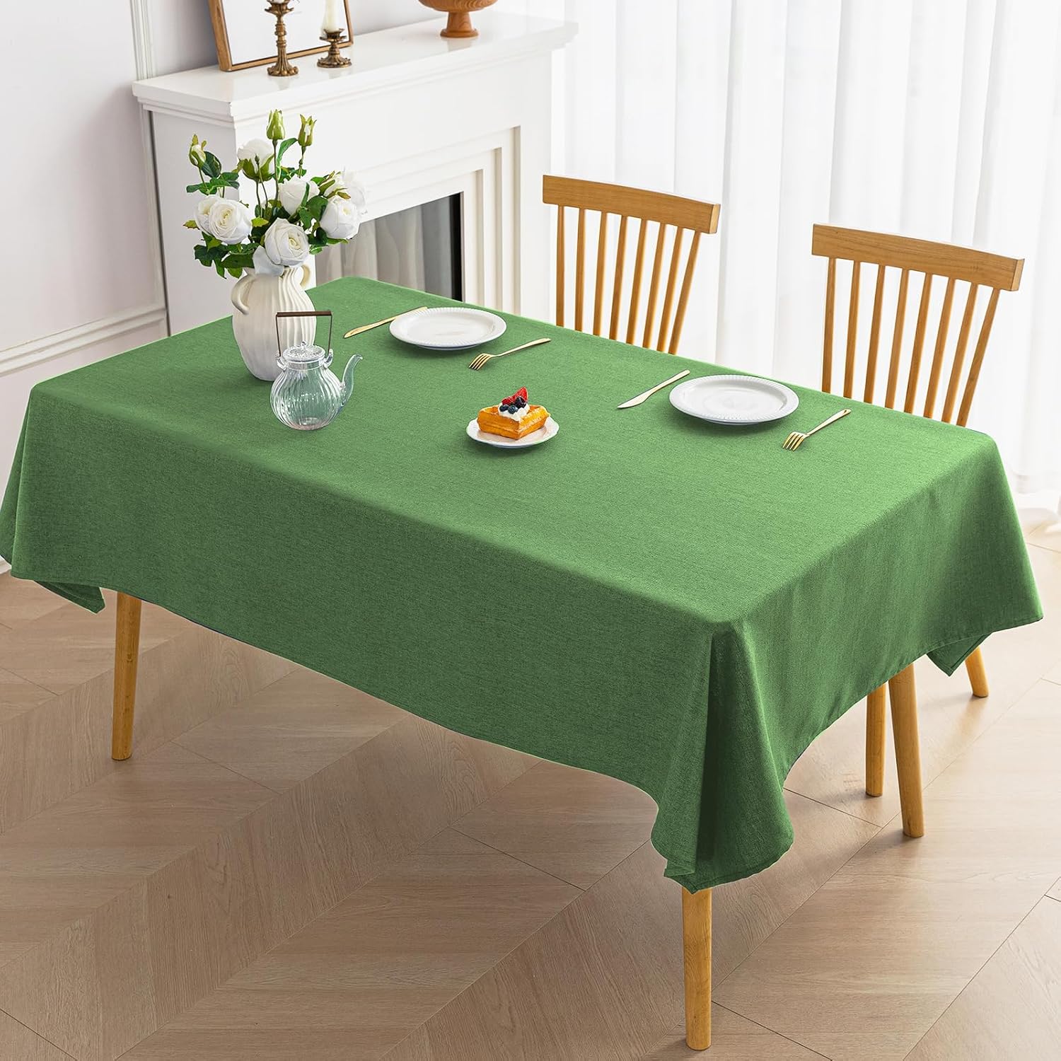 Green Rectangle Tablecloth 55 x 102 Inch Linen Look Spillproof | Textured polyester fabric, water resistant, wipeable, washable, fits most 8-10 seats, dining, kitchen, patio