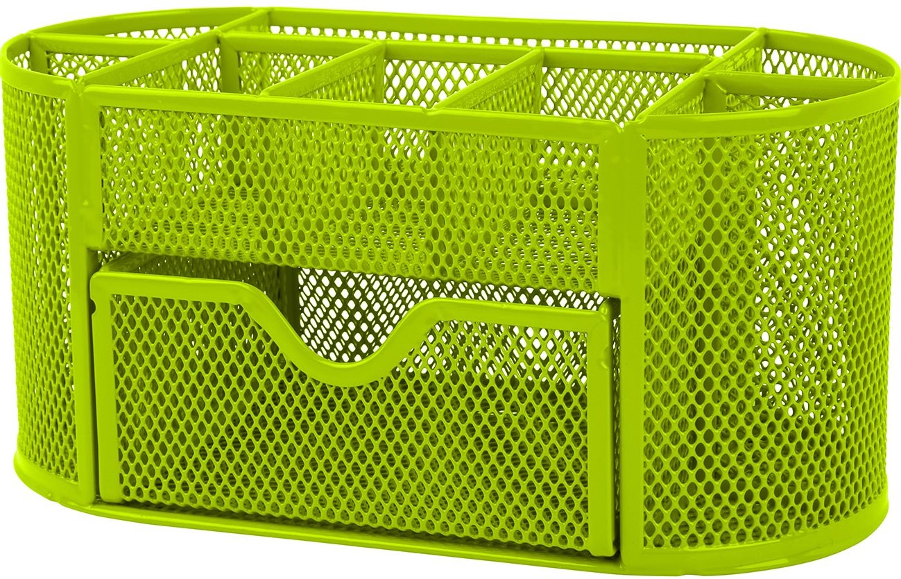 GPCT Office School Home/Teacher Supplies Mesh Desk Pen Organizer. Comes W/ 4 Pencil Cups For Highlighters/Pens/Sharpie, 4 Square Compartments For Paper Clips/Sticky Notes & 1 Supply Drawer- Green