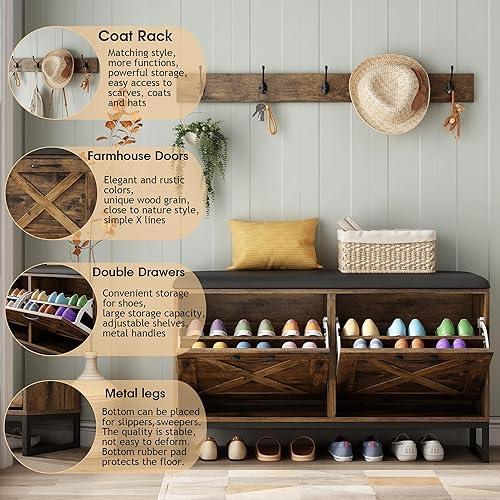 Miniatura 3 de Maupvit Zapatero con 2 cajones abatibles y perchero, banco de almacenamiento de zapatos con cojín de asiento para entrada, 5 ganchos grandes de