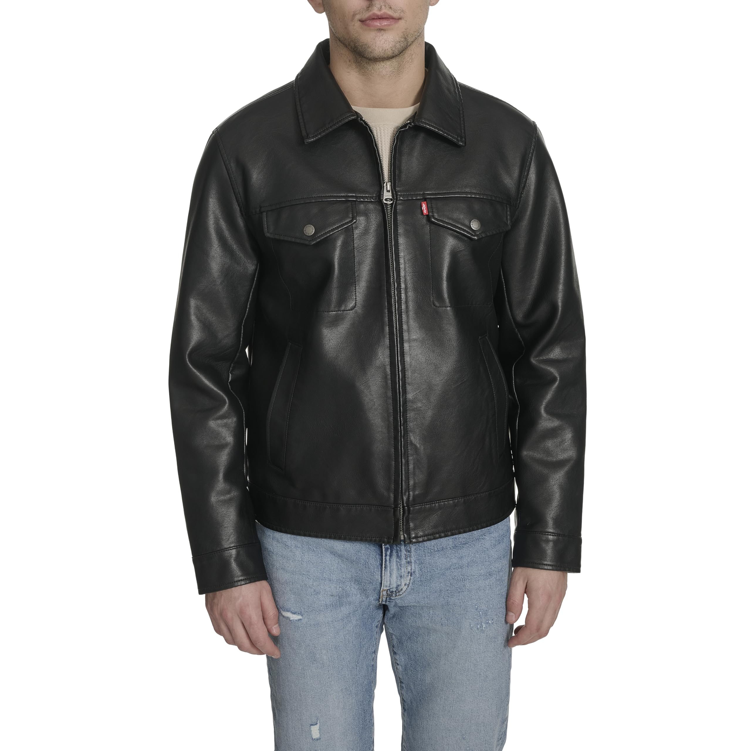 Levi's Men's Faux Leather Modern Trucker Jacket, Black, L