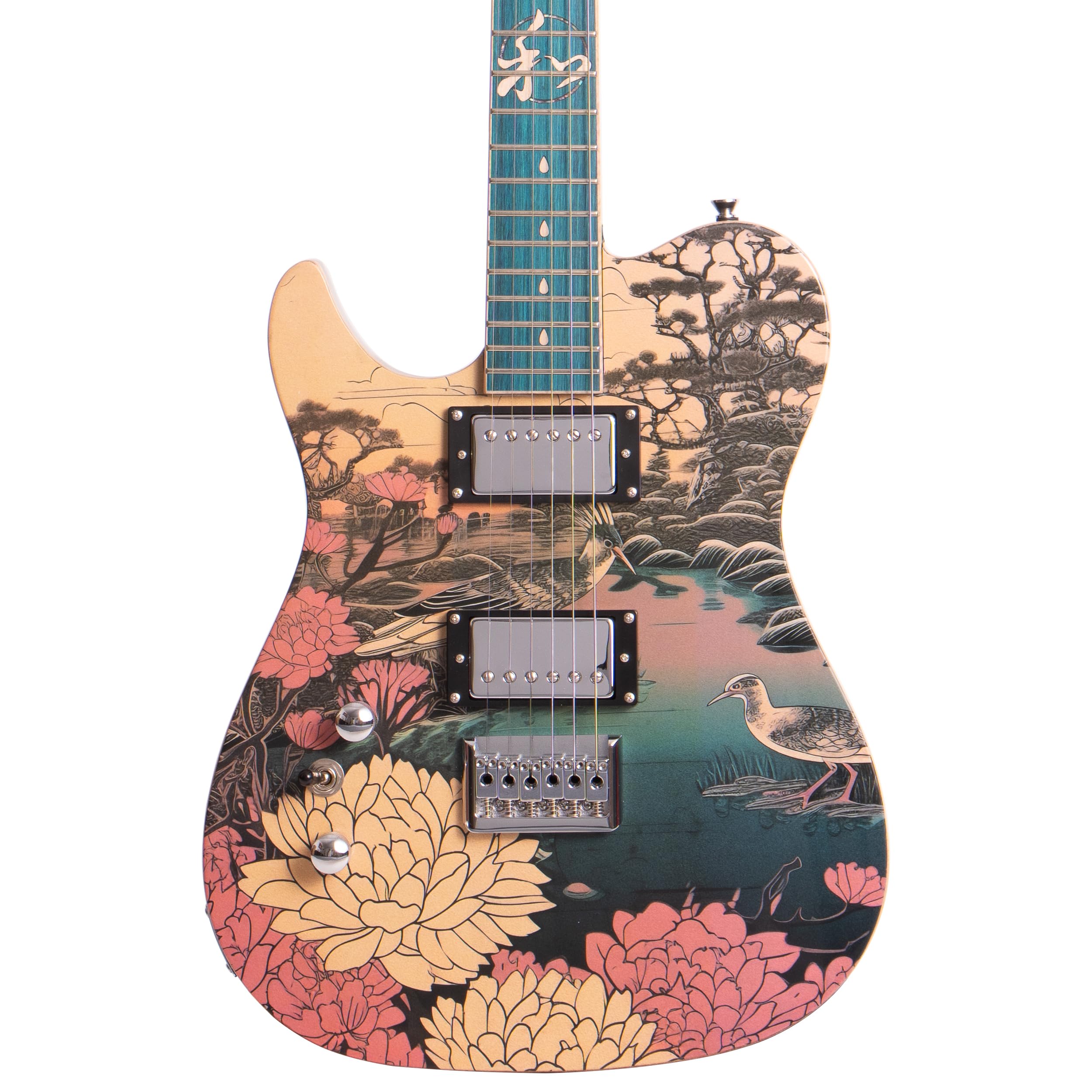 Lindo Chitarra elettrica Koya per mancini, manico composito, intarsi luminosi, finitura artistica grafica giapponese Wilderness