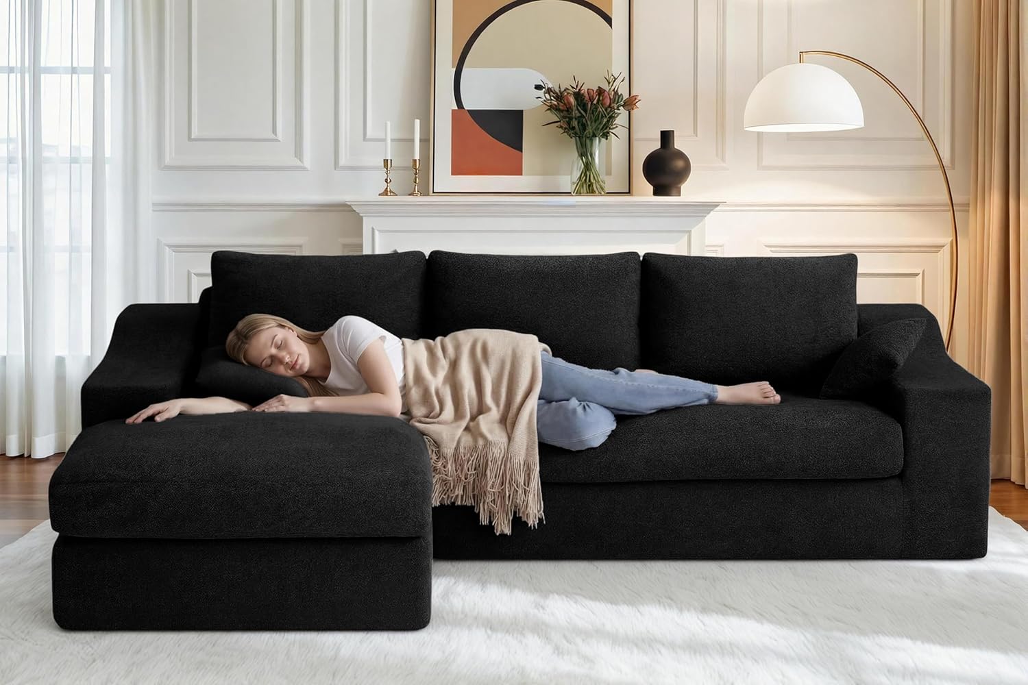 HABUTWAY 101'' Modular Sectional Sofa, Cloud Sectional Couches for Living Room, Comfy Boneless Couch with Deep Seat, Modern L-Shape Sofa with Chaise, No Assembly Required (Black, Left Facing Chaise)