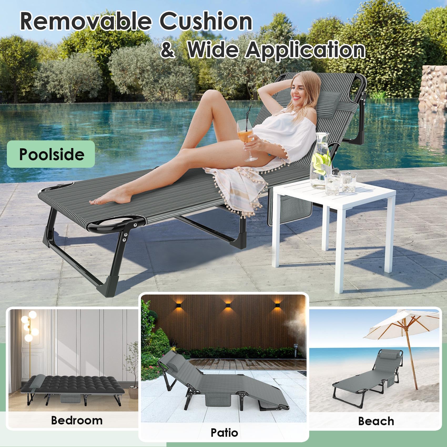 Slendor 3 in 1 Folding Camping Cot Bed, 5 Positions Adjustable Patio Chaise Lounge Chair, Portable Sleeping Cots for Adults with Storage Bag for Bedroom, Pool, Patio, Striped Gray Cot + Black/Gray Pad