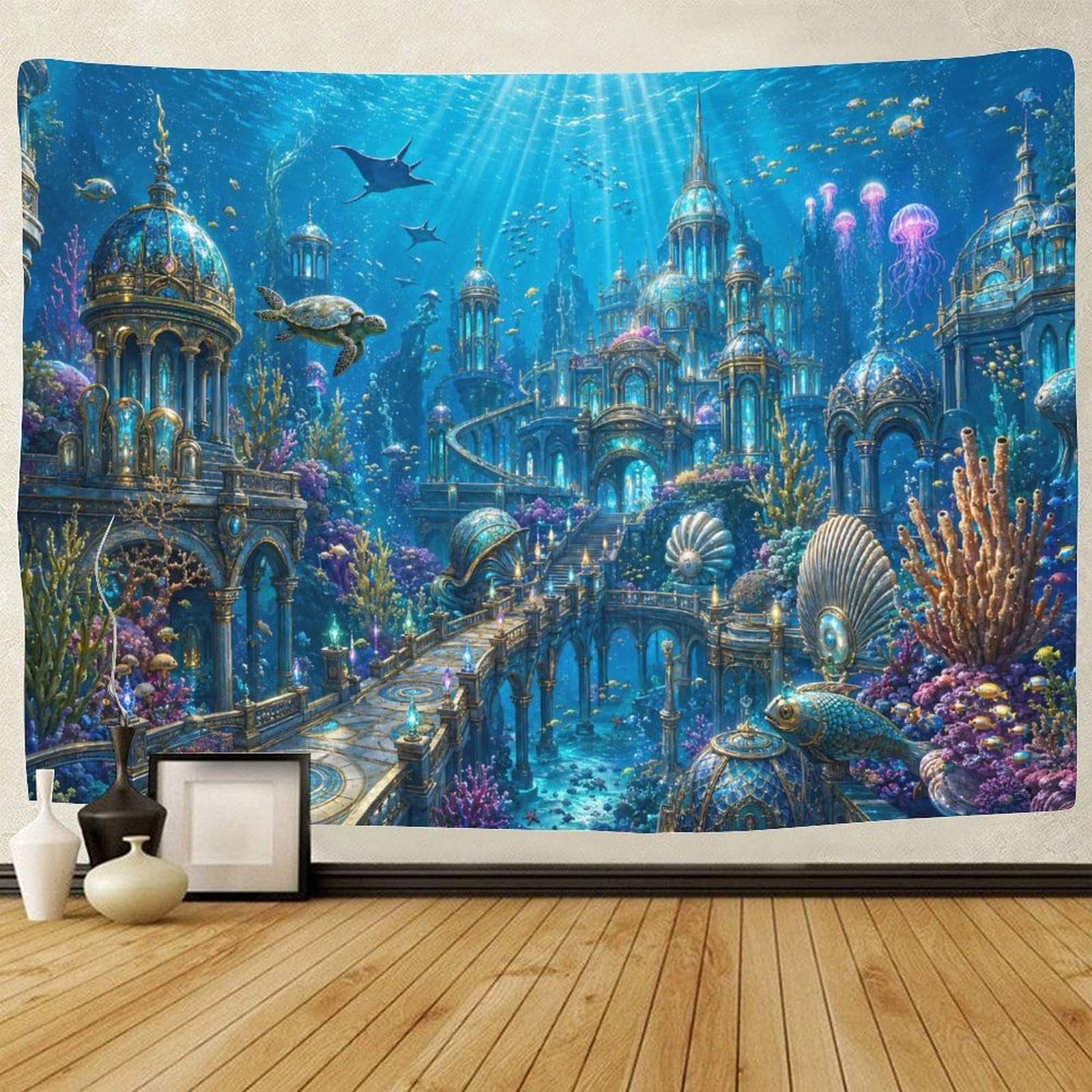 GPMNBCXZK Atlantis Underwater Kingdom 3D Print Wall Hanging Decor Tapestry for Bedroom Tapestries Home Decoration Curtain Bedroom College Dorm 130cmx150cm