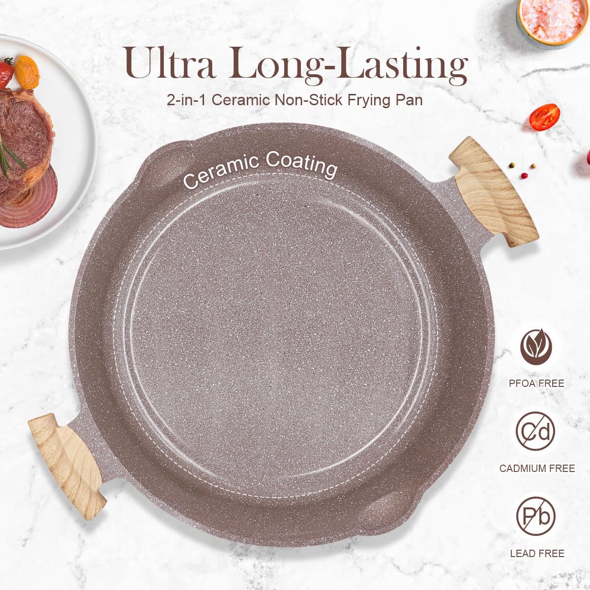 Ceramic Frying Pan with Lid, 14 Inch Saute Pan, Non Stick Frying Pans, 2-In-1 Large Cooking Pan, Nonstick Skillet, Compatible with All Stoves, PTFE & PFOA Free, Brown - Image 7