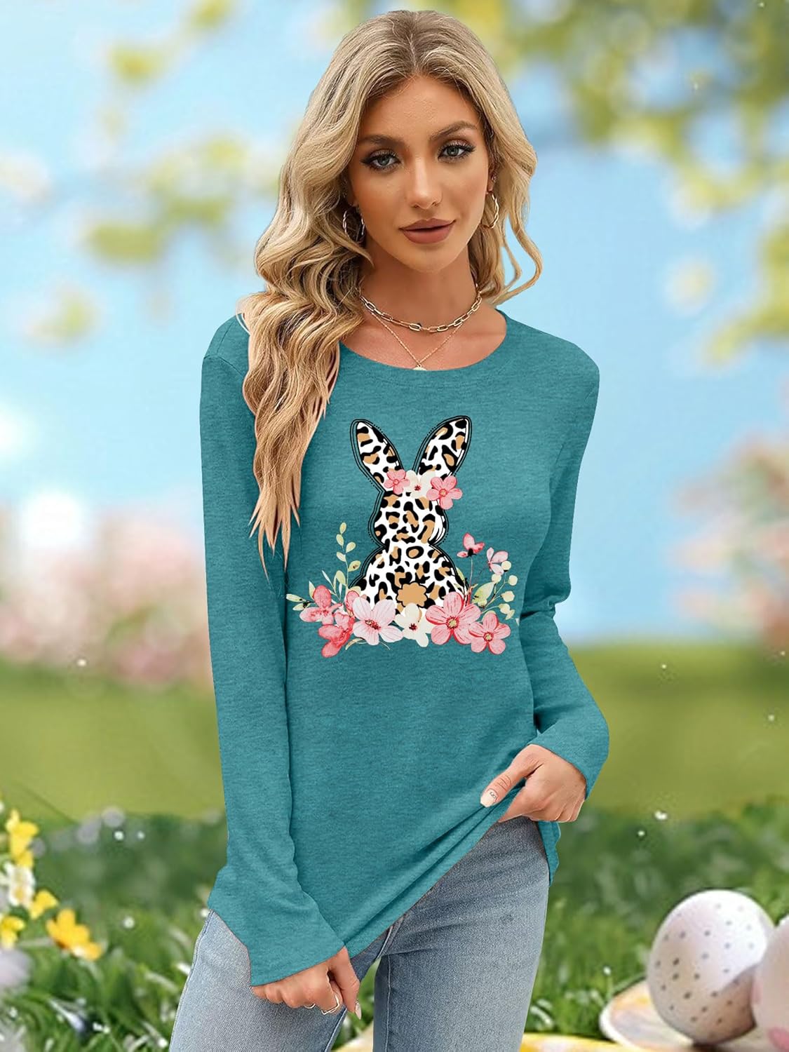VVNTY Easter Shirts for Women: Happy Easter T Shirt Long Sleeve Bunny Graphic Tee Shirt Spring Casual Tops - Image 3