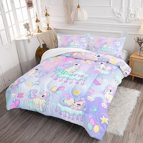 Miniatura 2 de Axolotl Juego de ropa de cama de unicornio, tamaño individual, juego de edredón de unicornio para niñas, niños y adolescentes, juego de ropa de cama