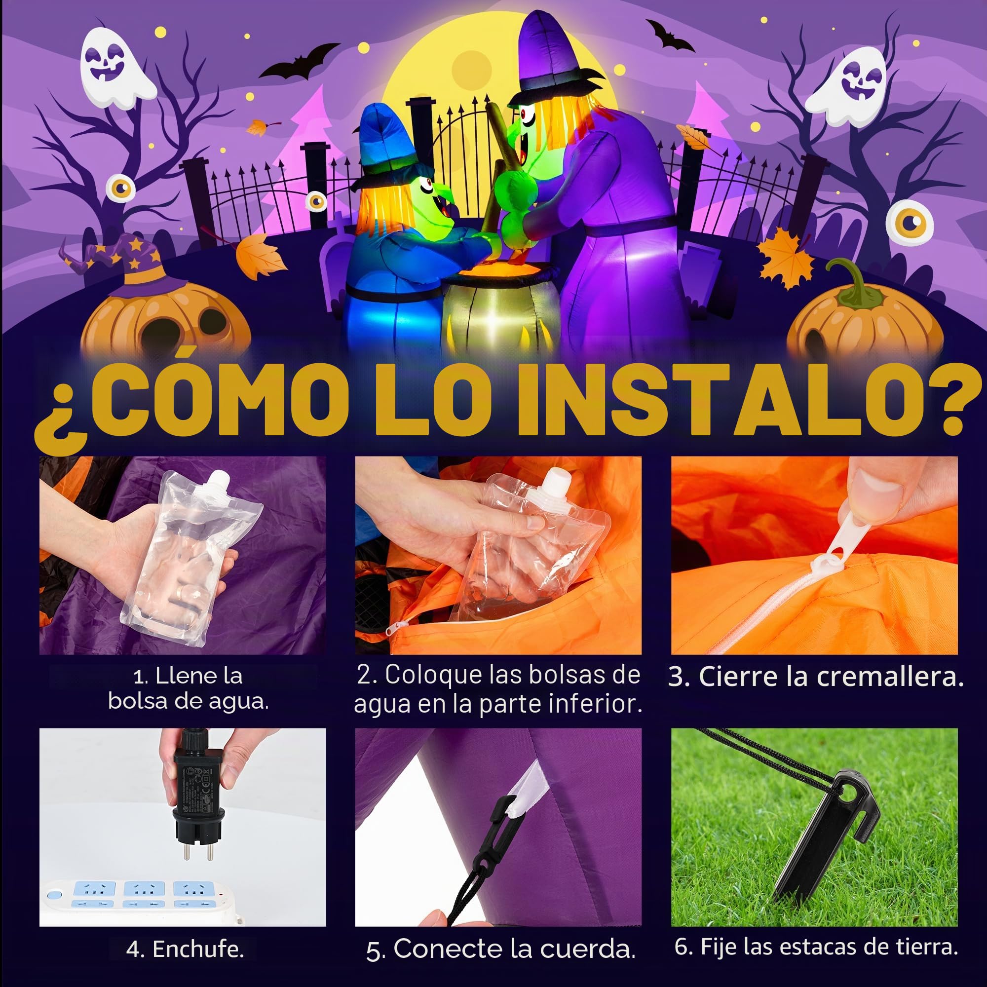 Solpex Decoración de Halloween, decoración Inflable de Bruja, 150 cm/5 pies LED Blancos Integrados, Espeluznante Inflable para Fiestas, jardín, Ventanas (Lila y Azul)