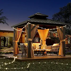 10x10ft Hardtop Gazebo, Aluminum Double Roof Gazebos with Netting and Curtains, Outdoor Permanent Gazebo for Garden, Patio, Backyard, Deck, Lawns (Brown, 10x10 FT)