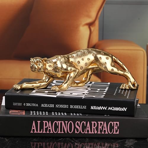 Miniatura 8 de Estatua de guepardo dorado de 10 pulgadas de largo, estatuas de leopardo con purpurina, decoración del hogar, escultura de animal dorado antiguo,