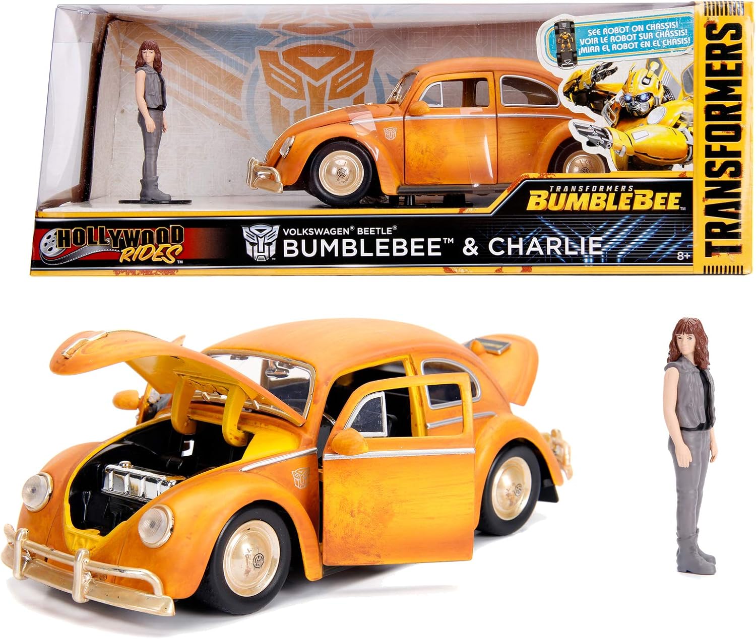 Jada Toys 253115000 Transformers Bumblebee VW Beetle Toy Car from Diecast, Opening Doors, Boot & Bonnet, Charlie Figure, 1:24 Scale Yellow, Orange