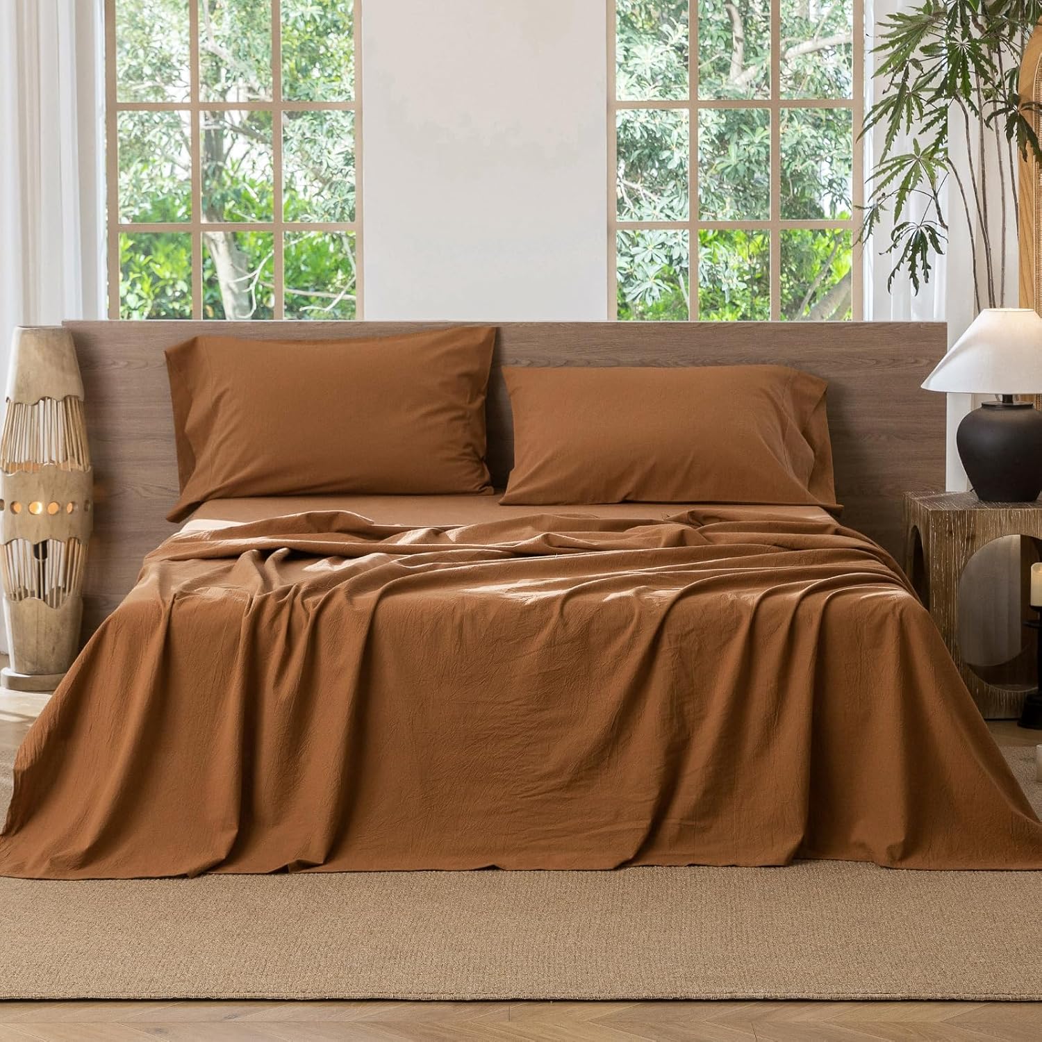 MooMee Flat Top Sheet Only 100% Washed Cotton Linen Like Textured Breathable Durable Soft Comfy (Dark Orange, Queen)