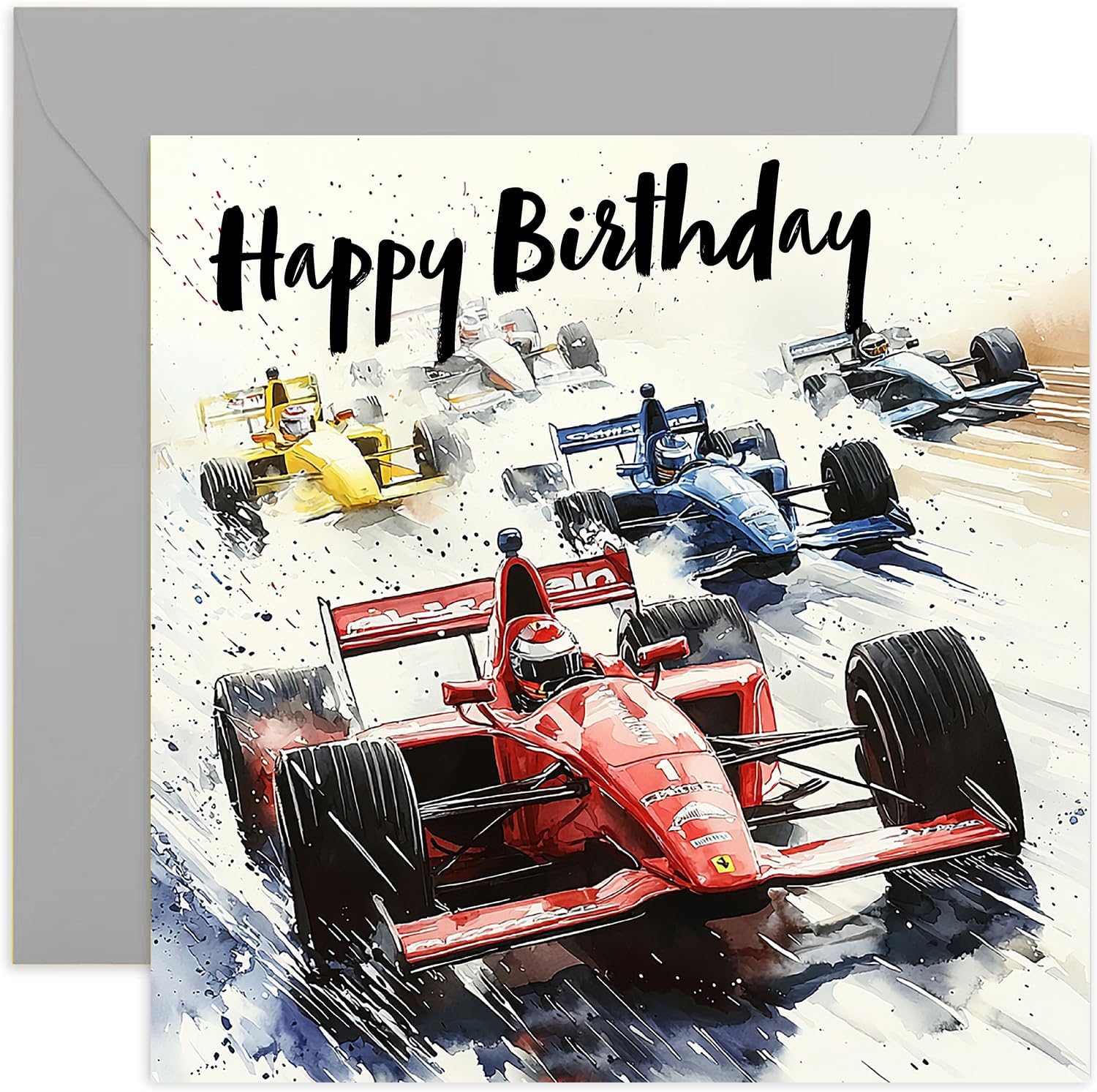 F 1 Themed Birthday Card for Teenage Boy - Male Birthday Cards- Racing Car Watercolour Art birthday card for Him - Son Dad Brother Boyfriend Husband -
