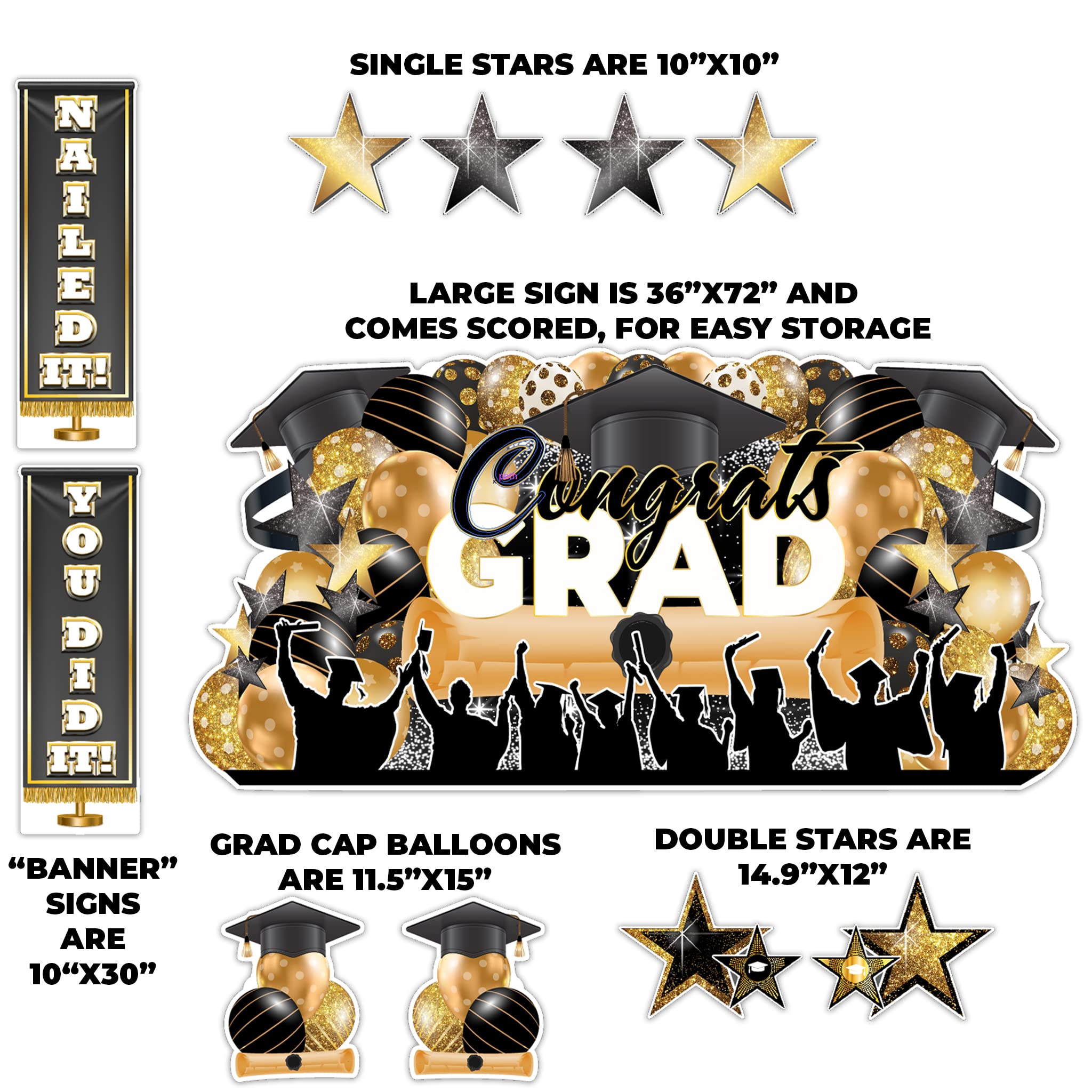 VictoryStore Tarjetas de graduación EZ Yard de gran tamaño, cartel de felicitación de 36 x 72 pulgadas, plástico corrugado impermeable, incluye estacas (dorado)