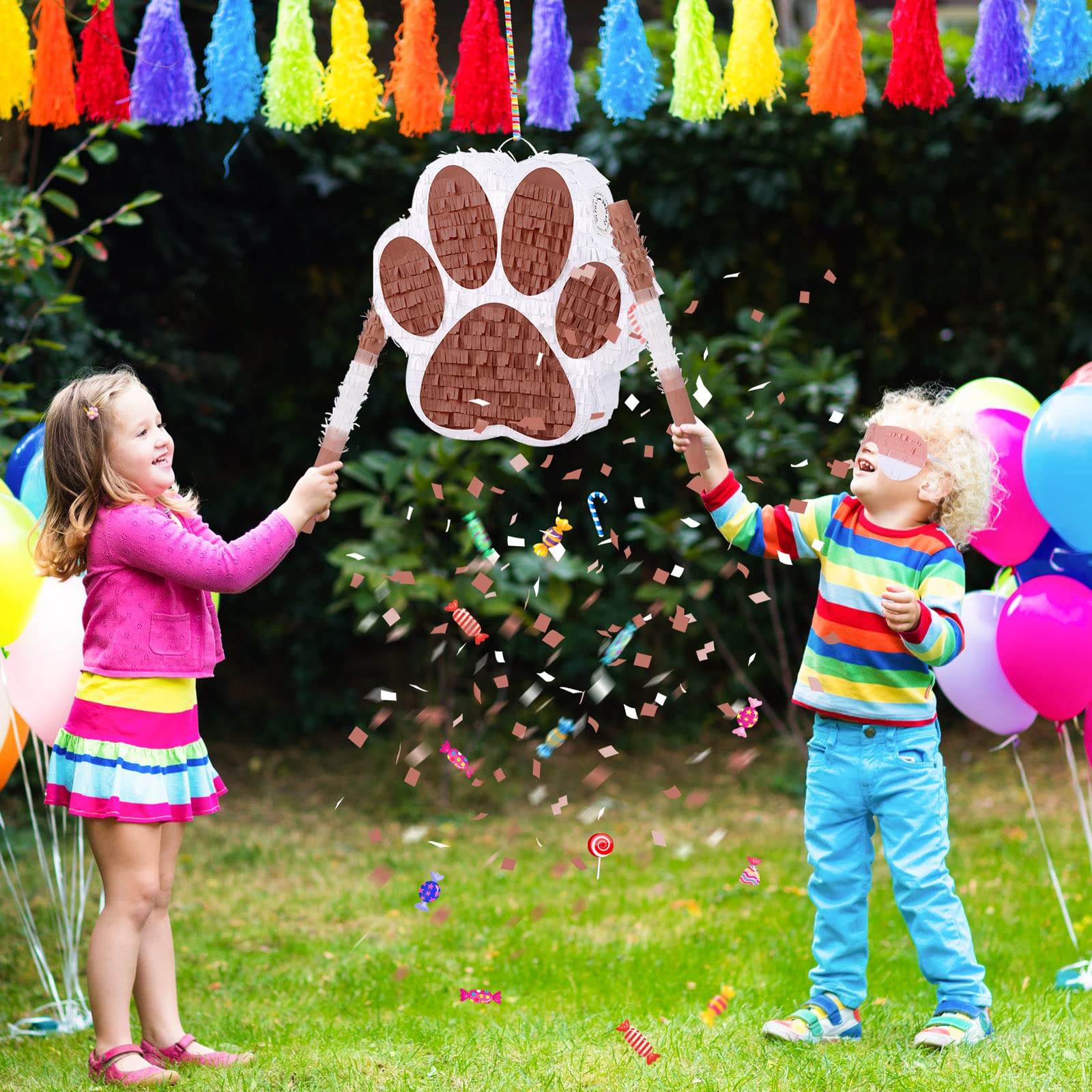 Piñata de pata de perro pequeña, suministros de fiesta de cumpleaños, piñata de cumpleaños temática animal con confeti de murciélago vendado para mascotas, vaca, fiesta, baby shower, regalos (café)