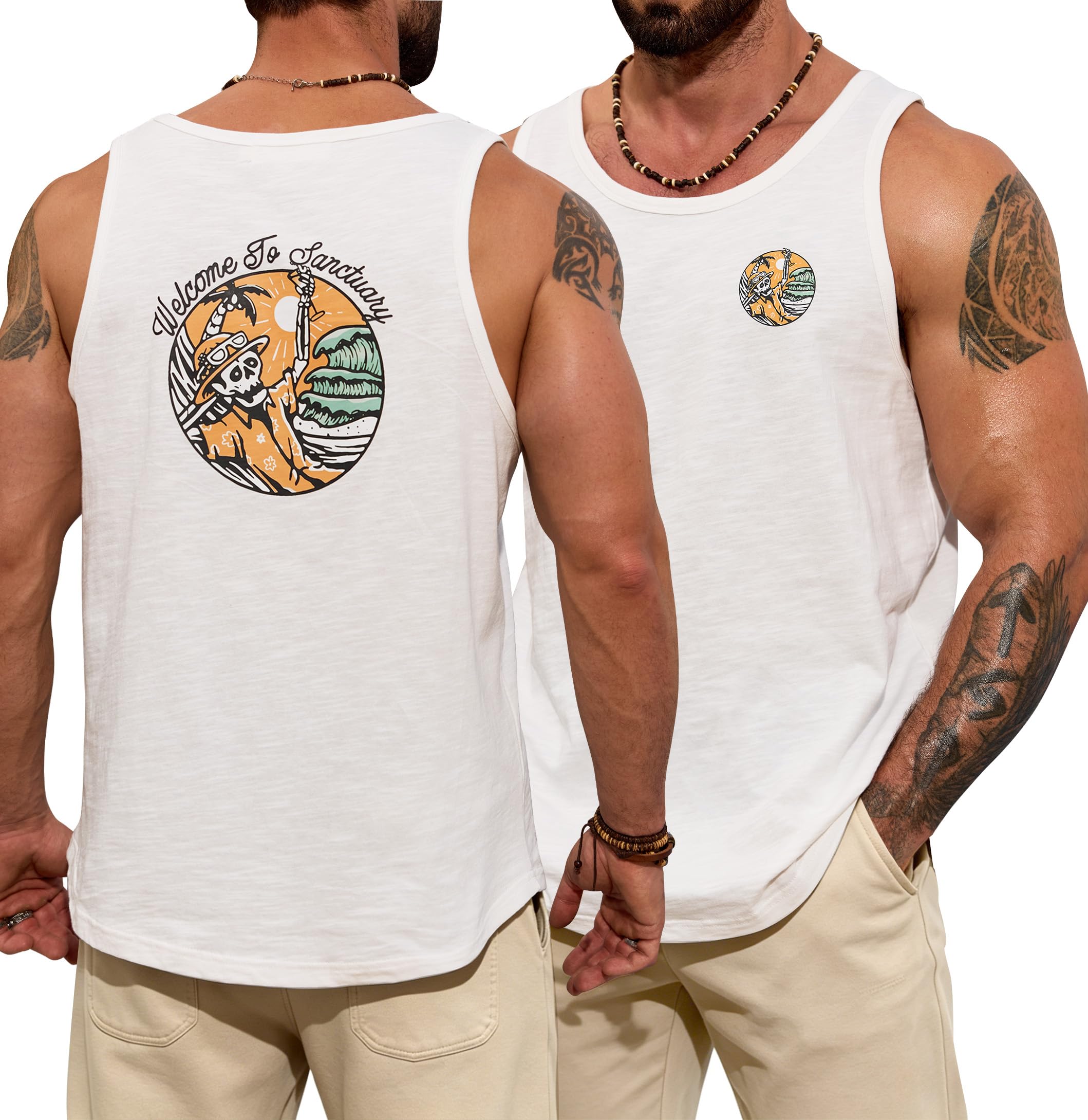 VOGSTART Mens Graphic Muscle Tank Top Beach Slub Cotton Sleeveless Shirts