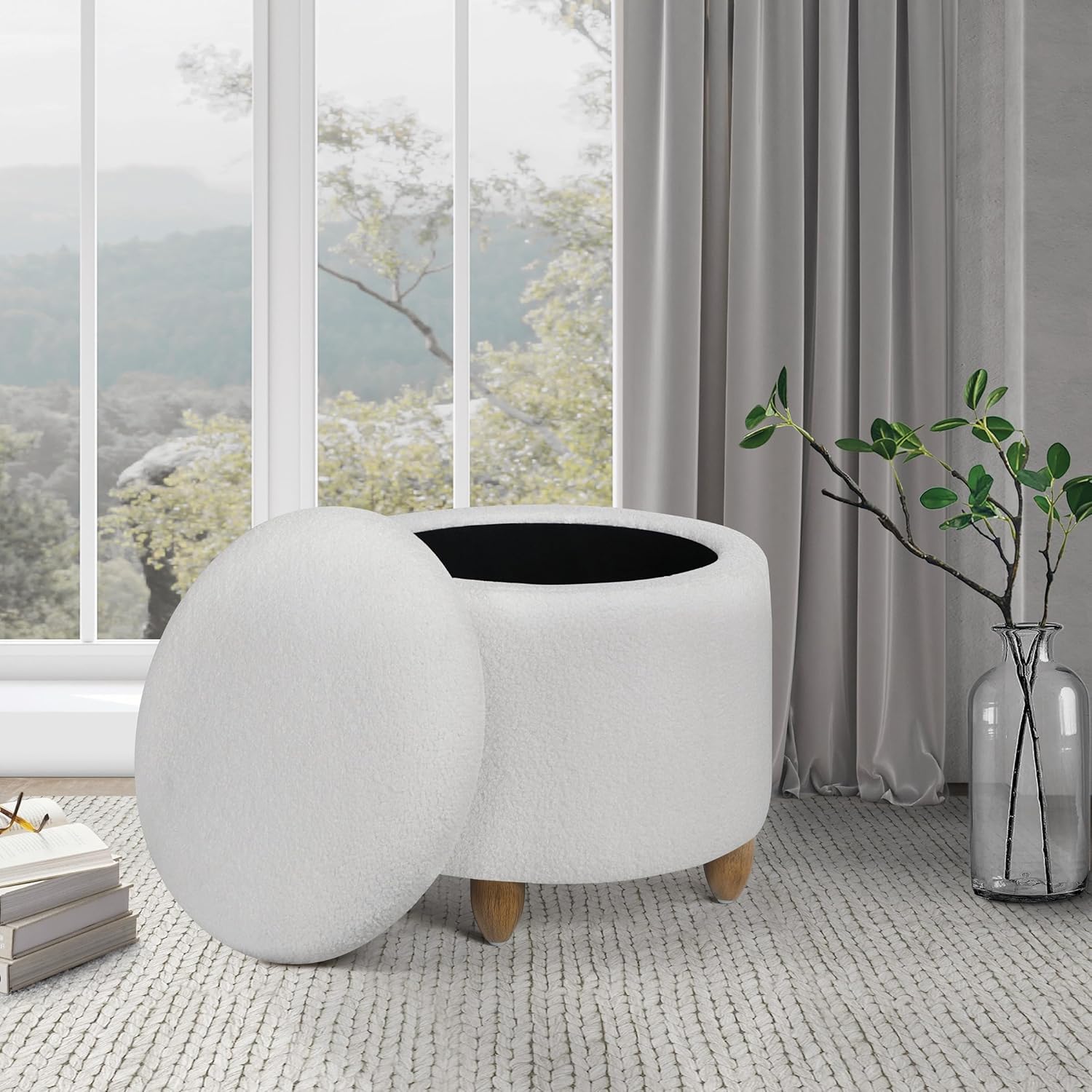 OSP Home Furnishings Lyra Contemporary Round Storage Ottoman with Lift-Off Lid, Ivory SherpaFabric - Image 2