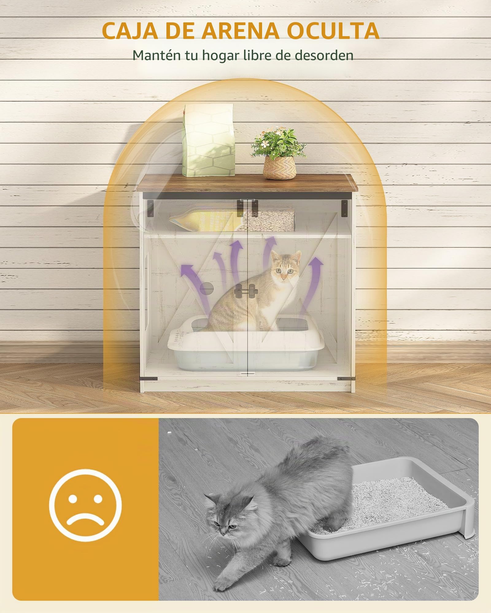 Hzuaneri Arenero para Gatos, Armario Oculto con Espacio de Almacenamiento, Caseta con Imanes, Estilo Rústico, 80 x 50 x 79,5 cm, Apto para Pasillo y Dormitorio, Blanco Marrón CB85414X