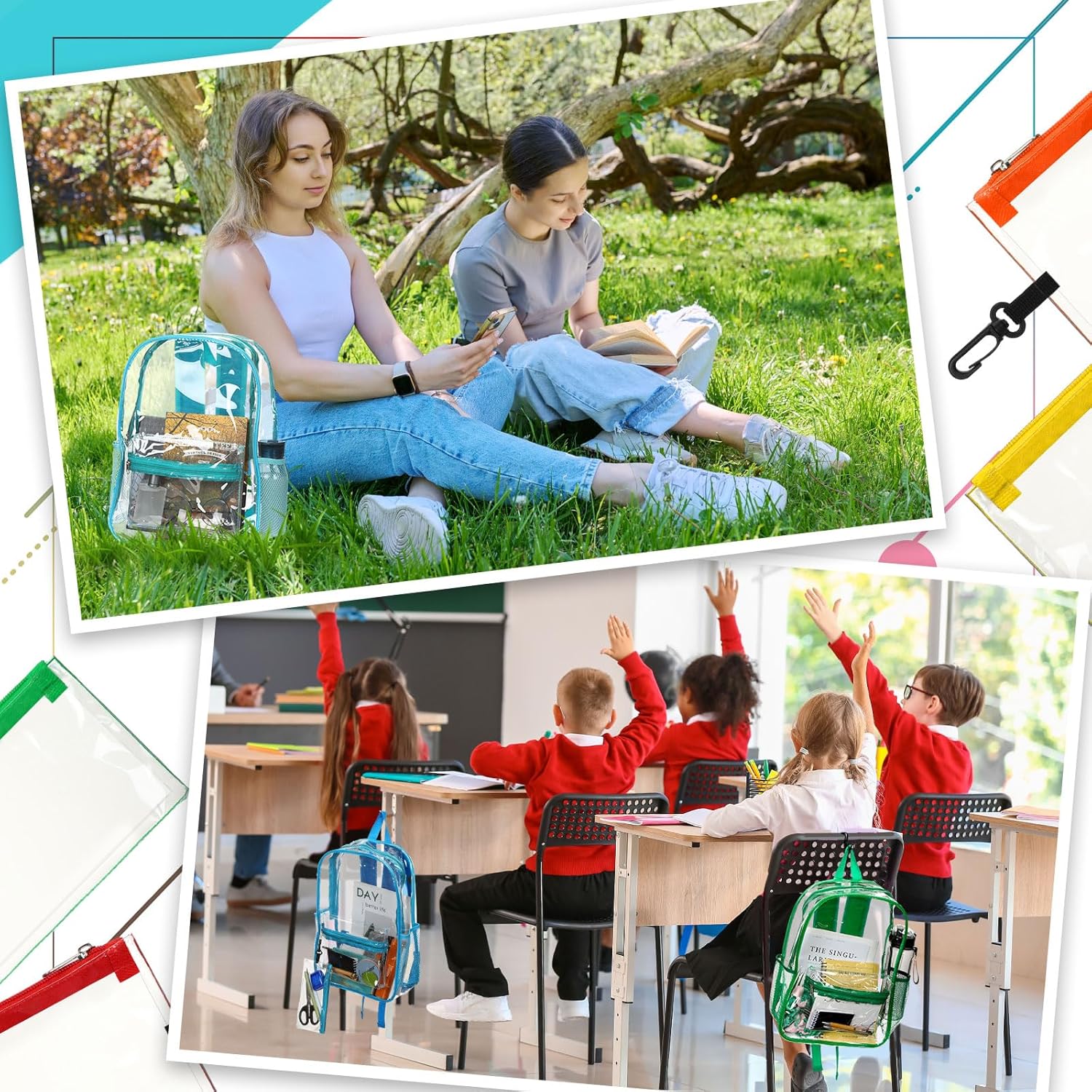 Cholemy 12 Set Bulk Clear Backpack with Pencil Pouch,15.75" Large Transparent Bookbag for School Work Stadium Security(Colorful)