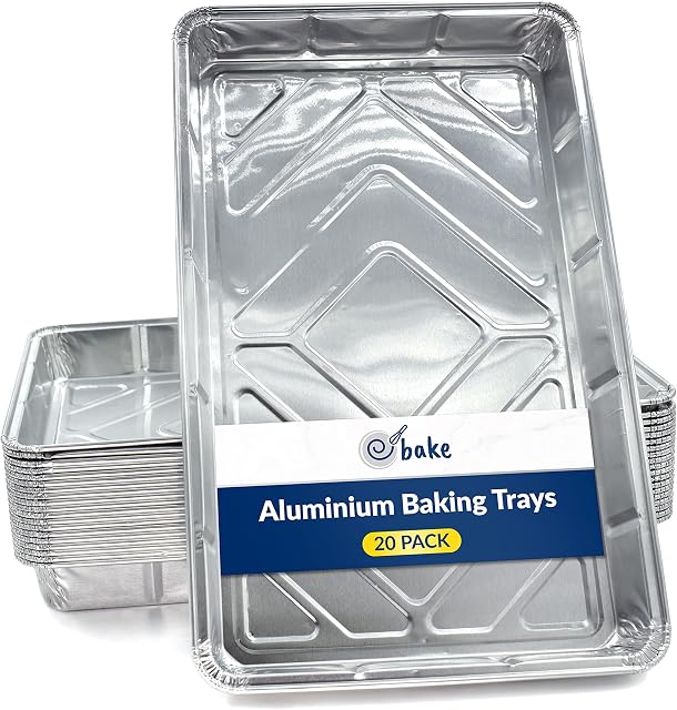 Ebake Aluminium Foil Tray Containers (20 Trays) Baking and Cooking Foil Containers, Freezer Safe and Reusable / Recyclable ( 32cm x 20cm x 3.3cm )