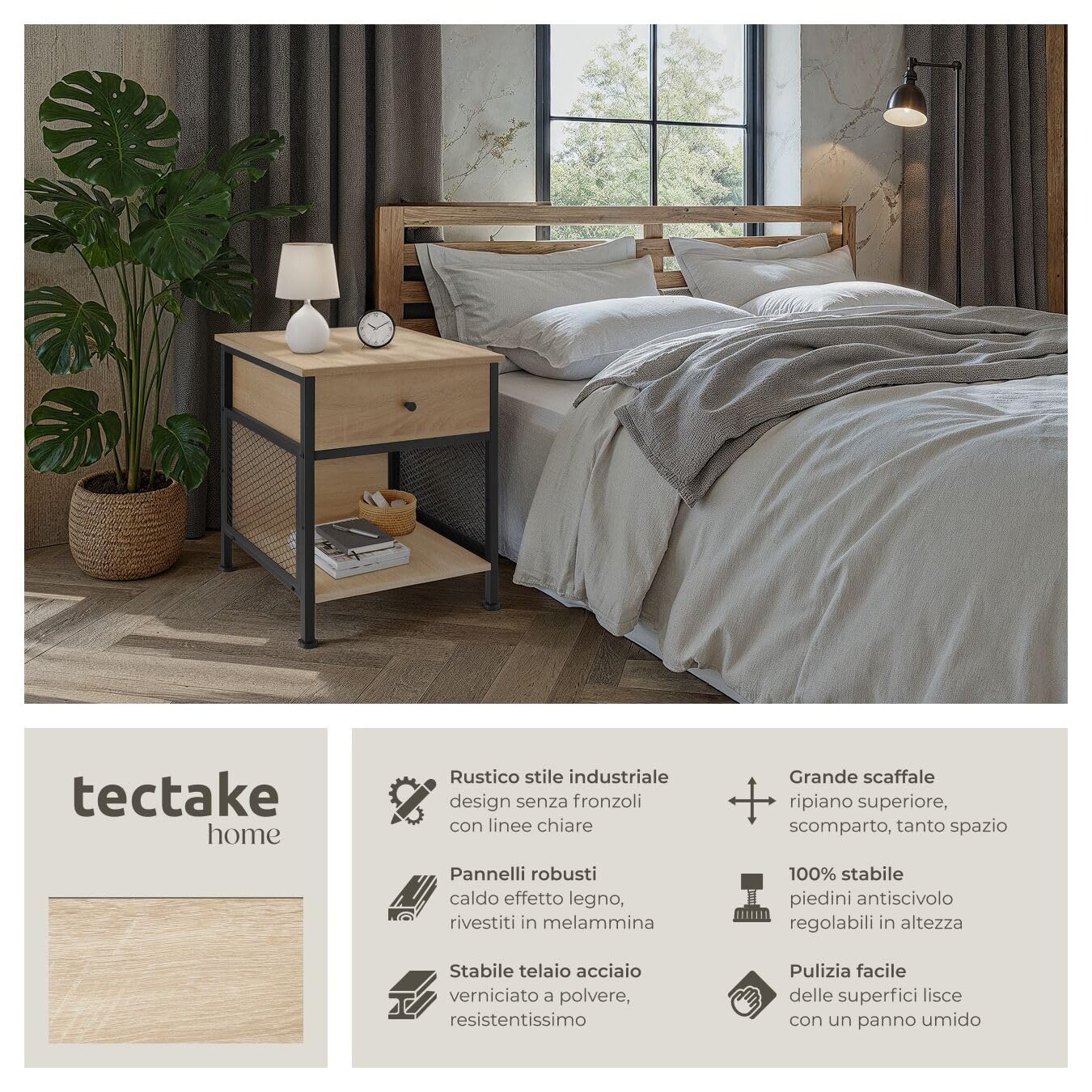 tectake® Comodino Camera da Letto 45x46x55,5cm, 2 Ripiani, 1 Cassetto