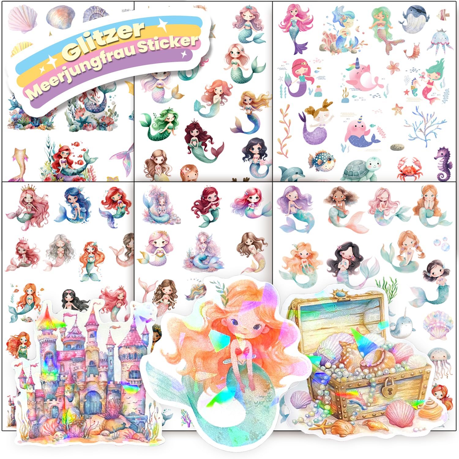 Hongma Mermaid Glitter Stickers with Glitter Effect, 6 Pieces, Over 150 Motifs, Glitter Stickers, Mermaid Stickers, Holographic for Children, Girls, Scrapbooking, Photo Album, Gifts (Not Reflective)