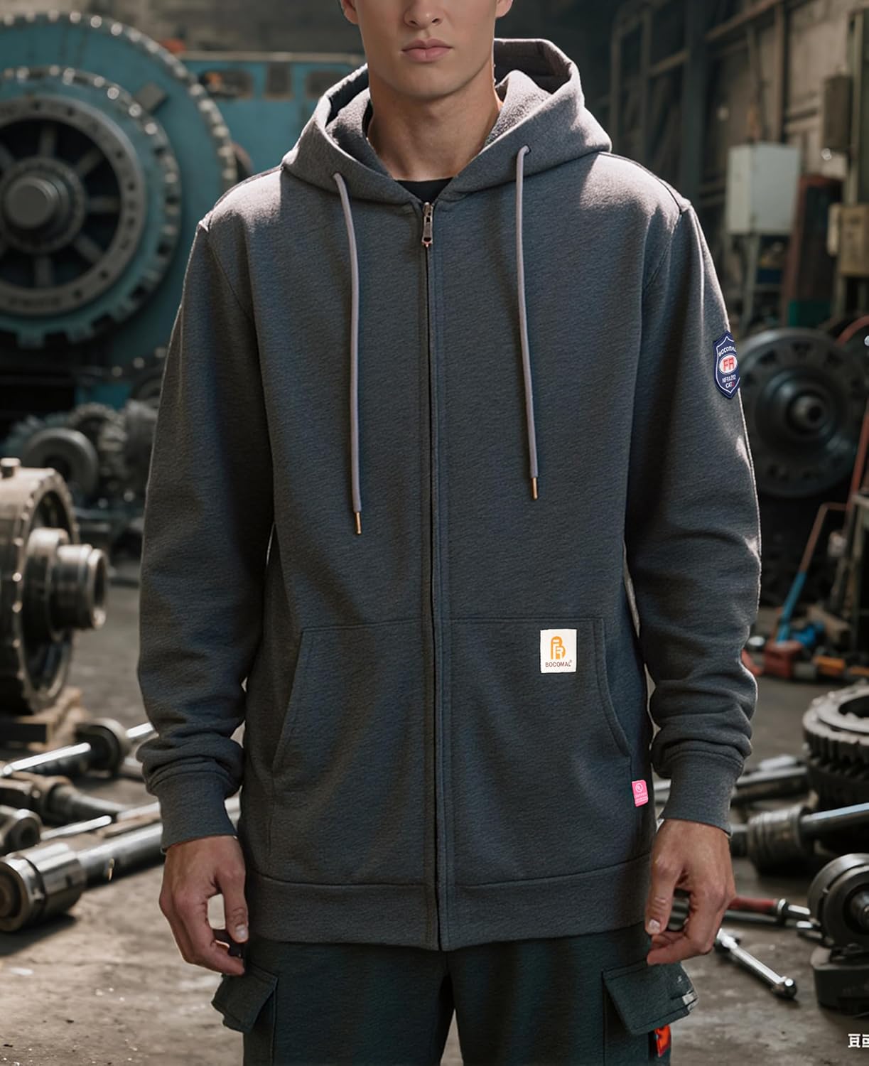 BOCOMAL FR Hoodies Zipper Front for Summer 7.5oz Lightweight Cotton Flame Resistant Sweatshirt（Non Fleece）