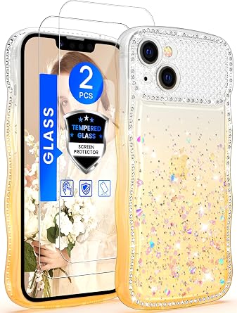 Yucenx for iPhone 13/14 Glitter Women Girls Case, with 2X Screen Protector, [Full Camera Protection] Curly Wave Wavy Edge Crystal Clean Shockproof Protective Cover for iPhone 13/14-Orange