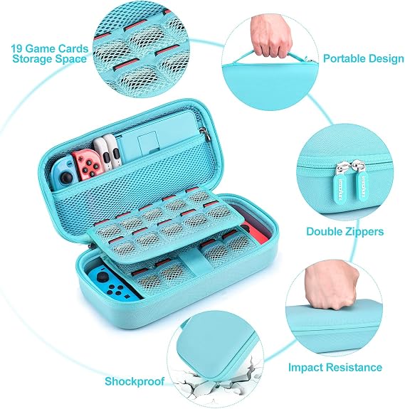 Switch Case for NS Switch - innoAura 18 in 1 Switch Accessories with Switch Case Switch Case Switch Games Storage Switch Protective Film Switch Stand Switch Joystick Caps (Blue)