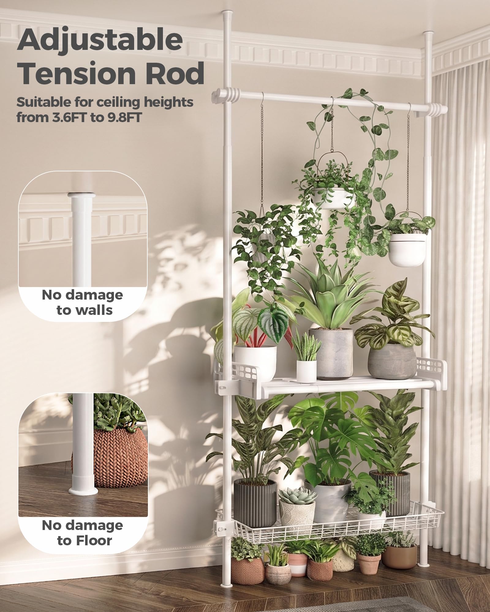 Bamworld Support Plantes Interieur Étagère Plante Télescopique 4 Niveaux Fer Antirouille 110-300 cm Blanc