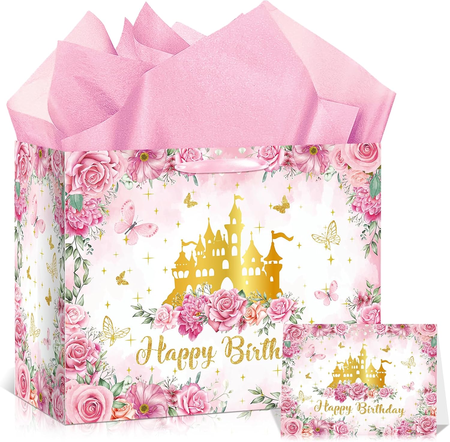 Large Princess Birthday Gift Bag for Girls, Pink Rose Happy Birthday Gift Wrap Bags with Princess Wrapping Paper and Card Castle Flower Floral Butterfly Candy Bag for Girls Women Theme Party Decor