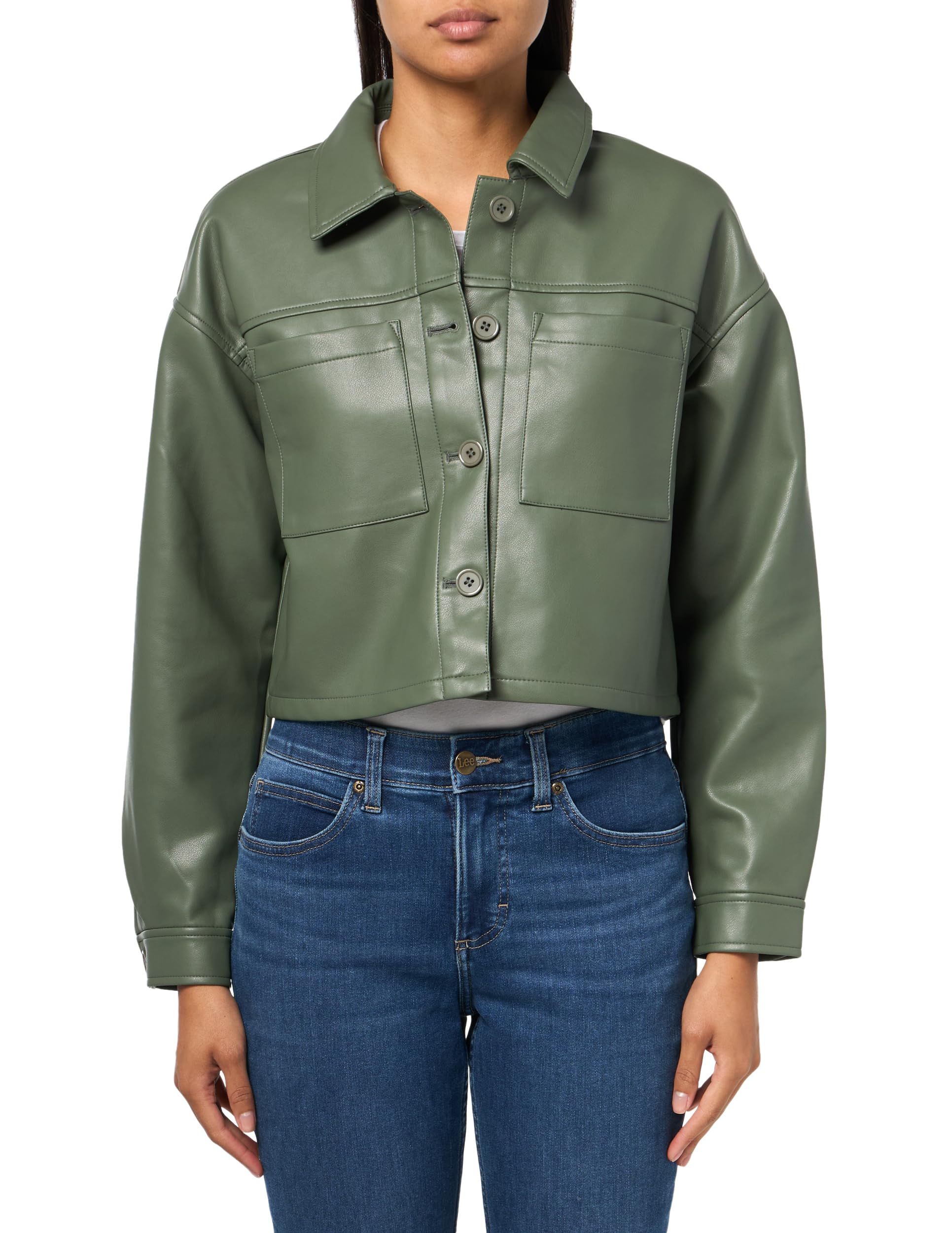 Womens Long Sleeve Collar Neck Faux Leather Shacket