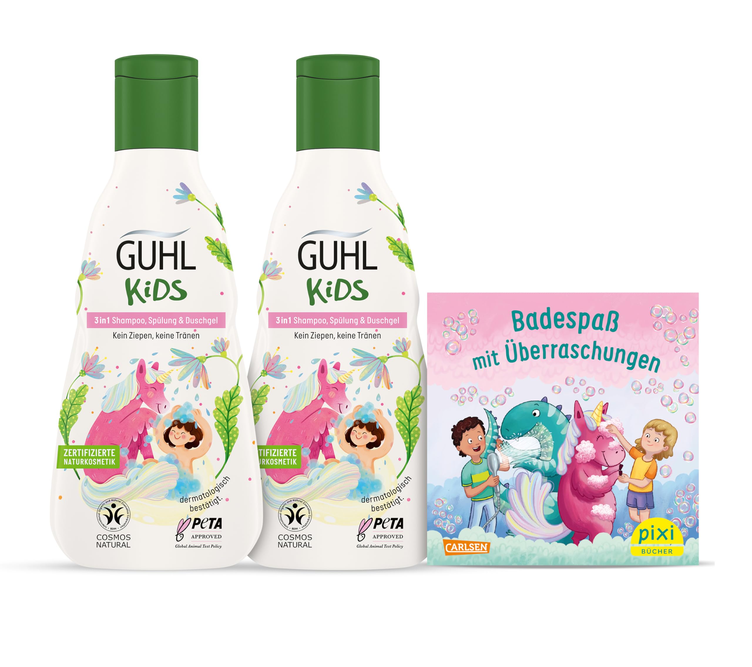 Guhl Kids Einhorn Vorteils-Set - 2x Guhl Kids 3 in 1 Shampoo, Spülung & Duschgel, 250ml + 1x Pixi Buch - Speziell für Kinder entwickelt - Kein Ziepen - Cosmos Natural zertifiziert