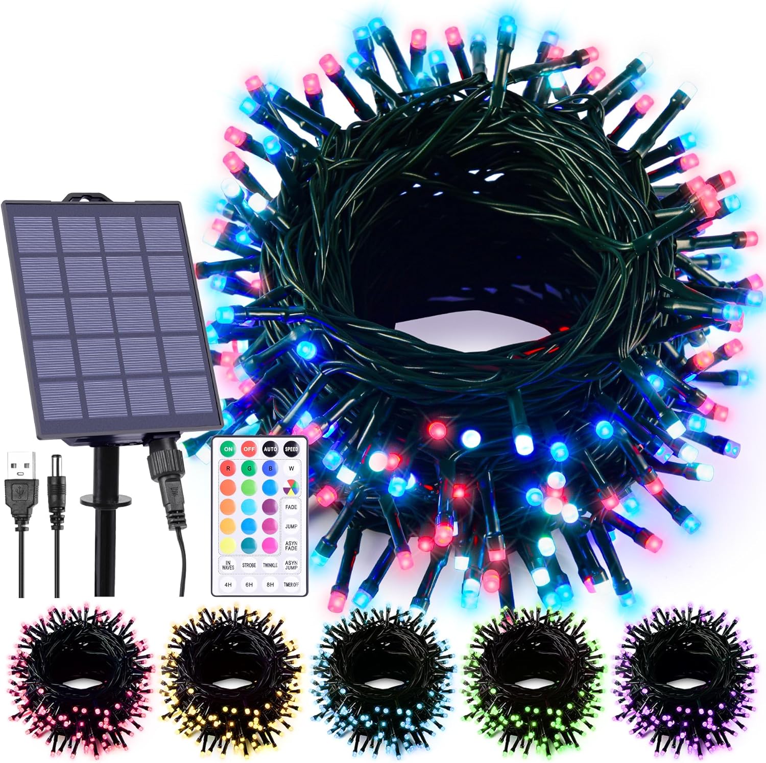59Ft Solar String Lights Outdoor Waterproof, 18 Colors Changing 150 LED Christmas Lights Solar Powered & USB with Remote, Multicolor Fairy Lighting for Outside Tree Yard Indoor Halloween Decor