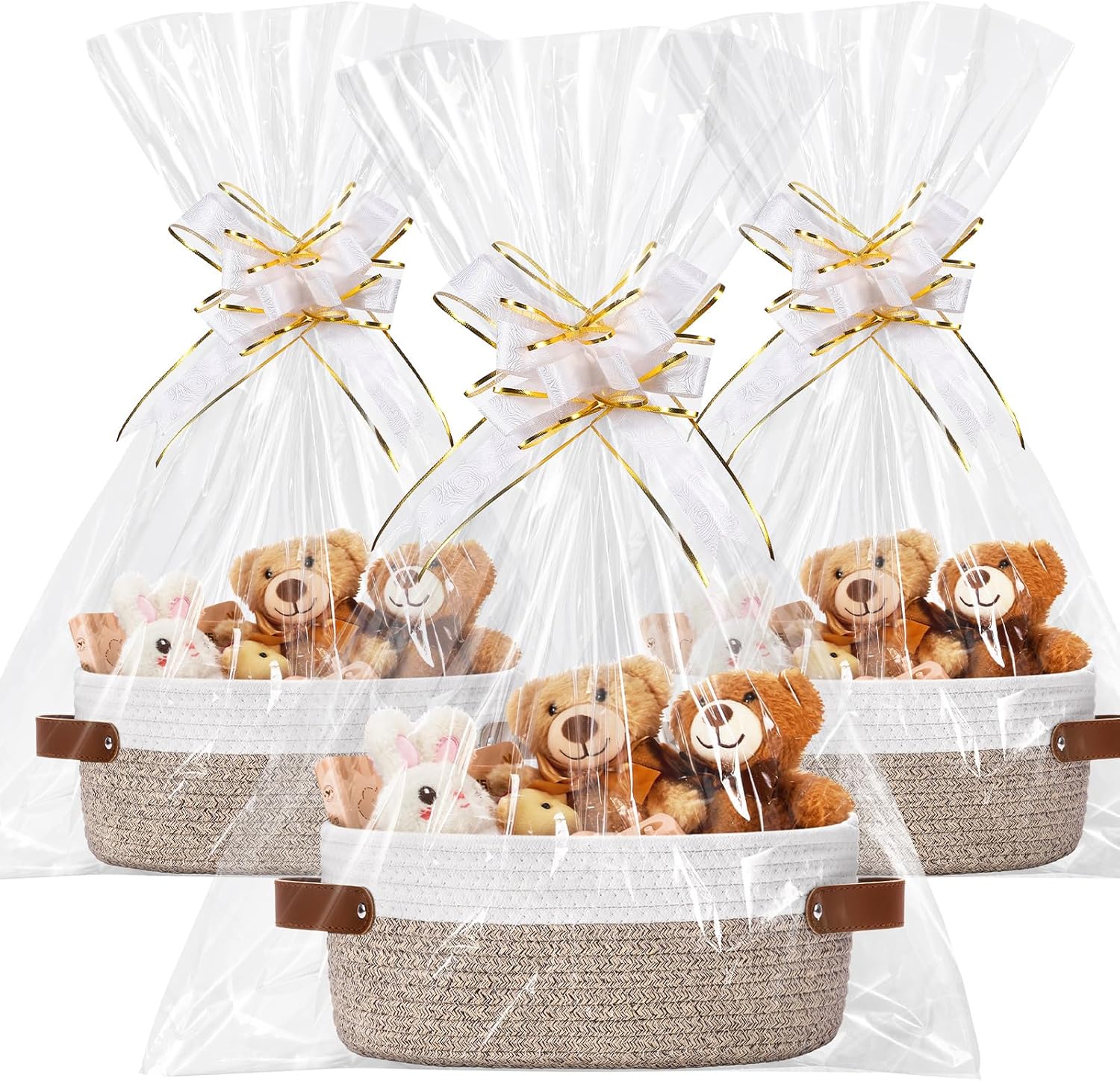 Colingmill 3 Pack Easter Small Woven Basket for Gifts with Handles Clear Bags and Ribbons Empty Storage Basket Decorative Chest Box for Easter Wedding Present(White and Khaki,12"x 8"x 5")