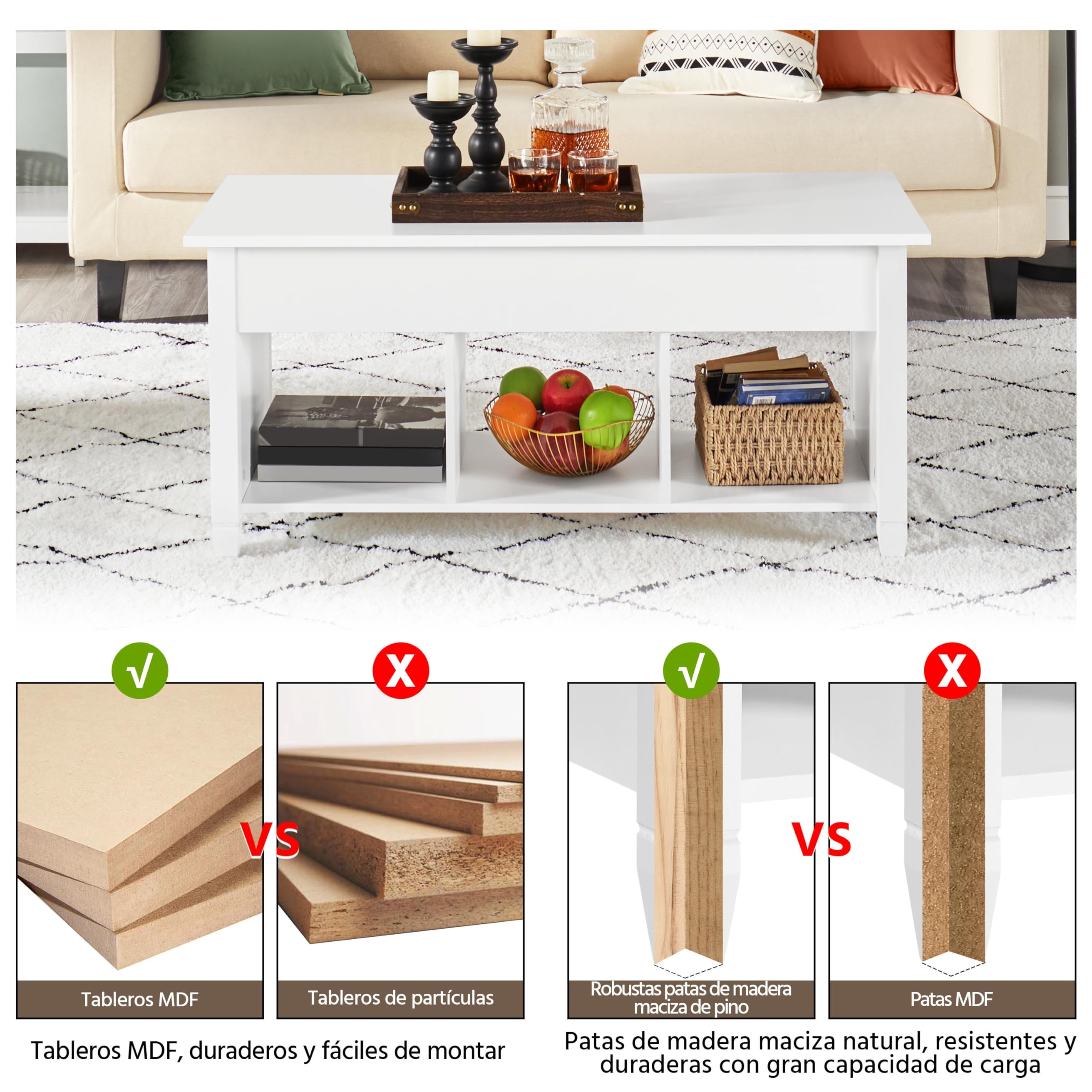 Yaheetech Mesa de Centro Elevable con Cajón 104,5 x 49,5 x (49-62) cm | Mesa de Café para Salón de Estilo Moderno con Patas de Madera Maciza Blanco