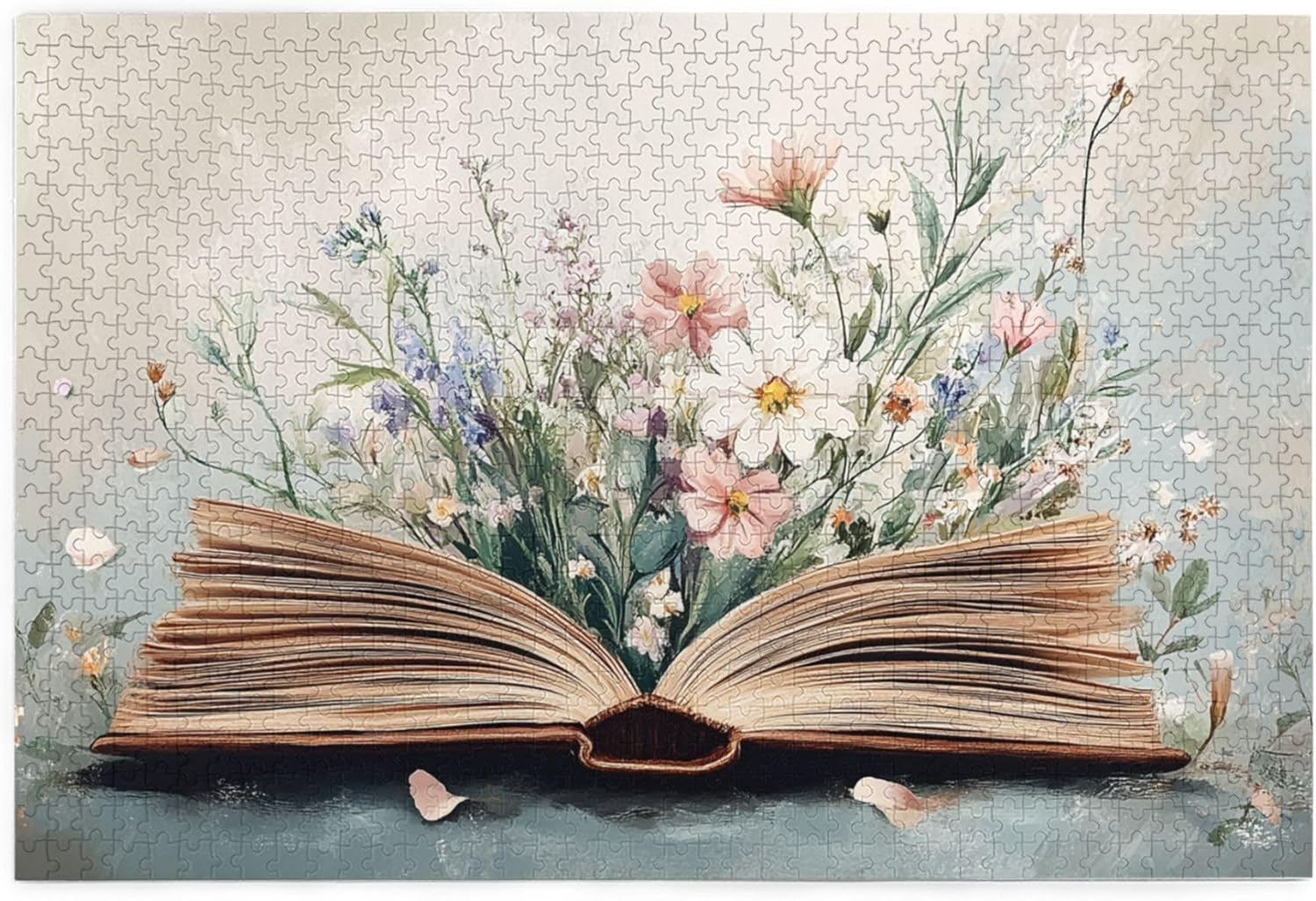 Flowers That Bloom from Books, Puzzles for Adults 1000 Pieces, Vintage Adult Hand Painted Wooden Puzzle, Unique Artwork for Adults, Creative Activity Hobbies for Adults