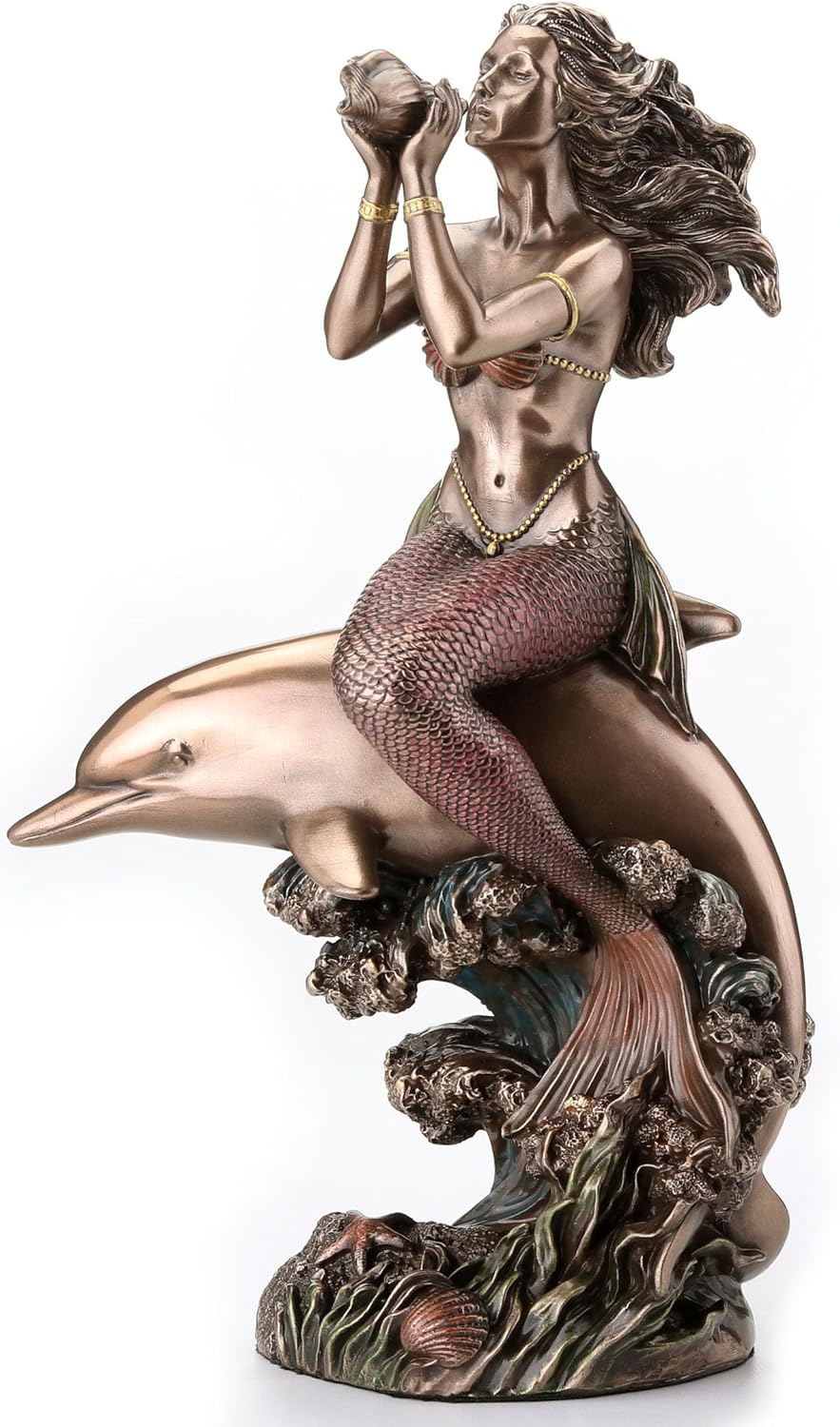 Veronese Design 8 1/4 Inch Mermaid On The Back of A Dolphin Cold Cast Resin Bronze Finish Sculpture
