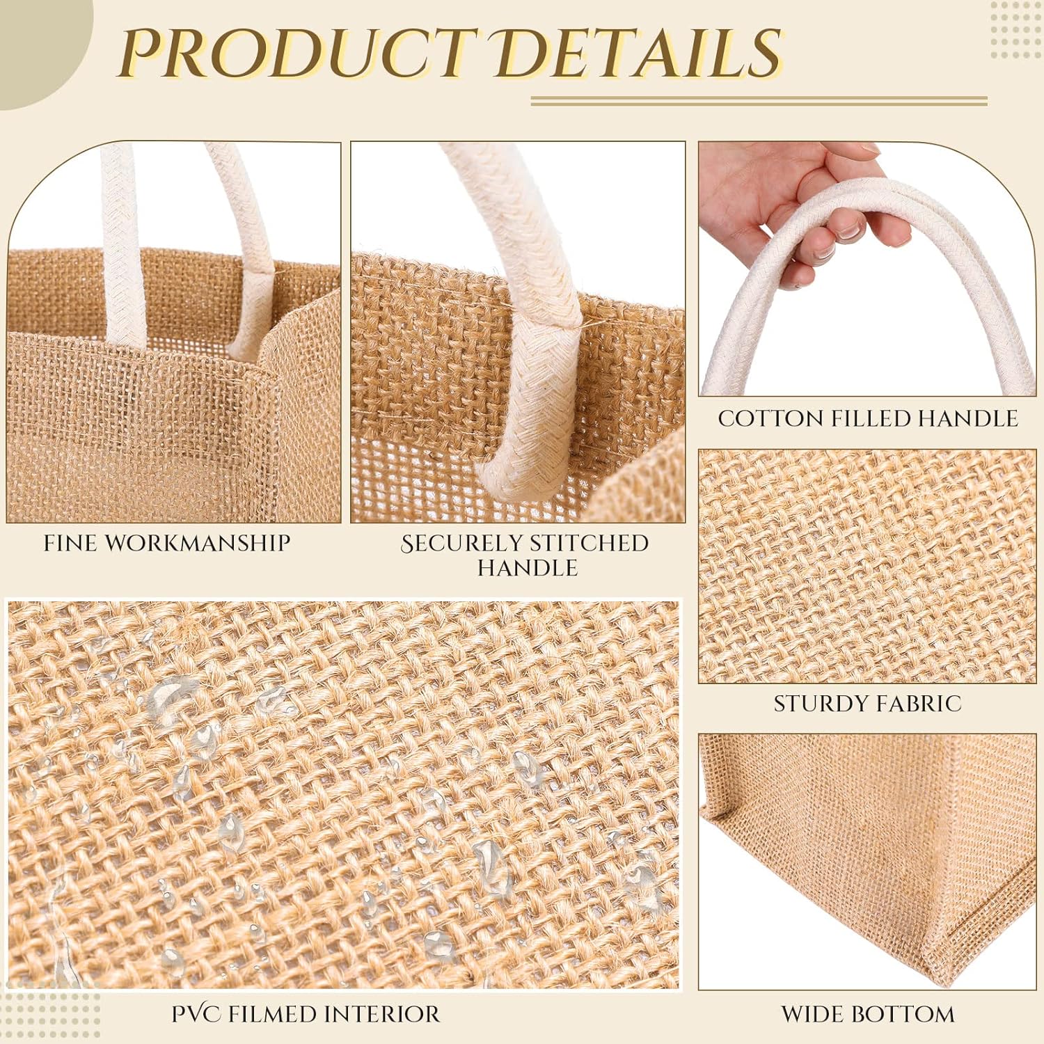 Cunno 12 Pcs Burlap Tote Bag Mini Jute Reusable Bag with Handles Small Blank Canvas Gift Waterproof for Wedding Beach DIY - Image 4