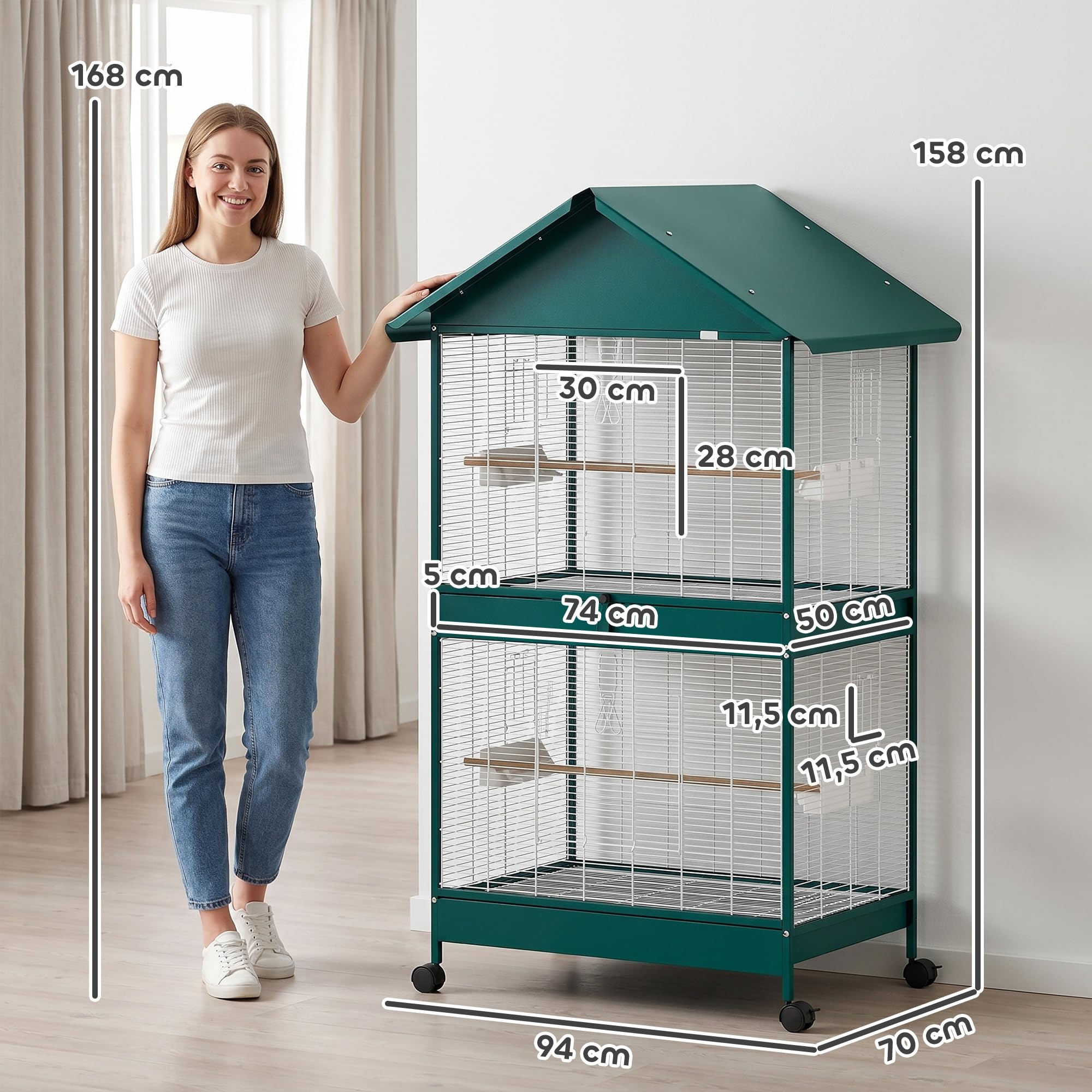 PawHut Grande Cage à Oiseaux Roulante, Volière Oiseaux Intérieur/Extérieur, Séparateur Amovible, 4 Mangeoires, 2 Perchoirs, 2 Plateaux, 94x70x158 cm
