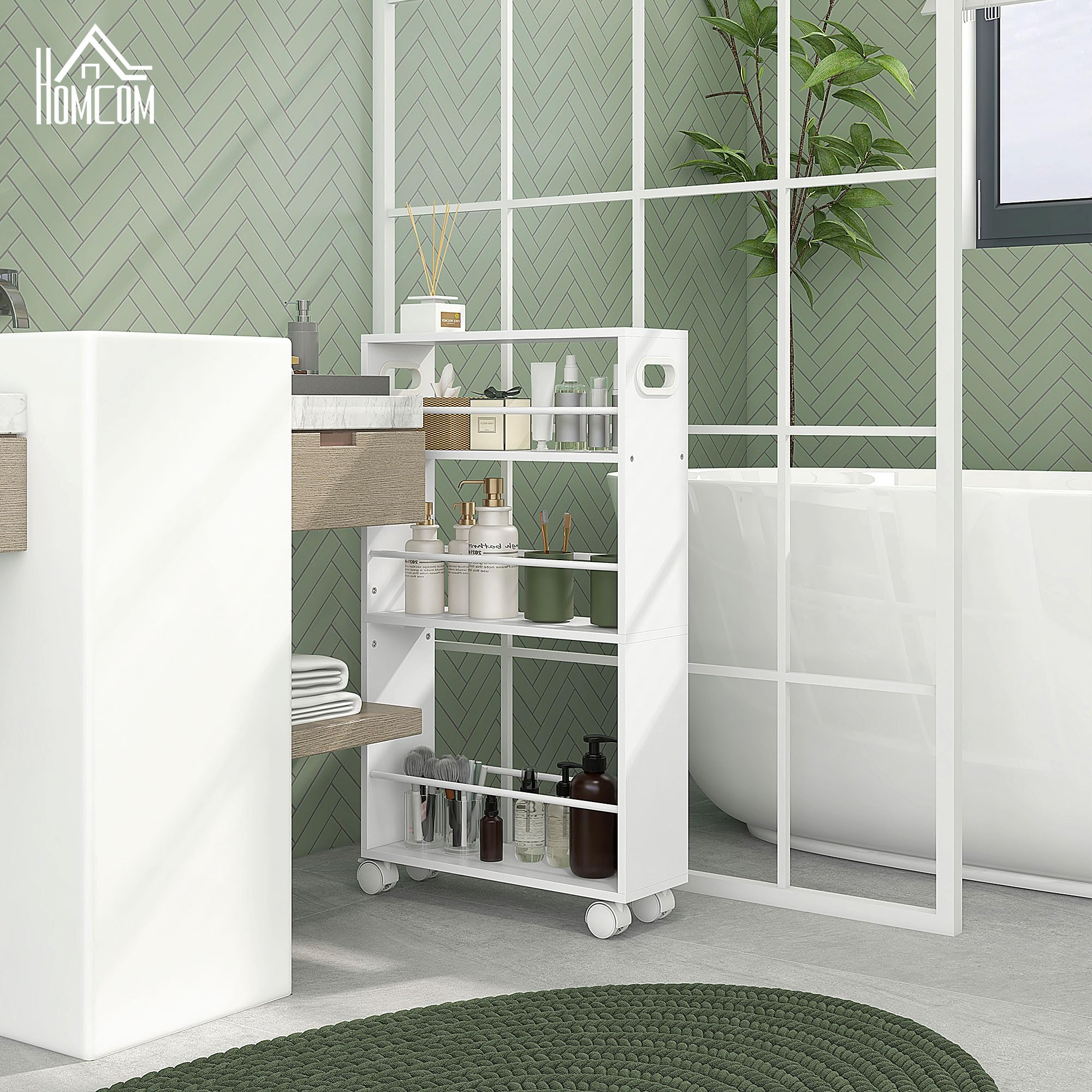 HOMCOM Carrito Auxiliar con Ruedas Carrito de Cocina 45x15x80 cm Blanco | Delgado de 3 Niveles, con Barandillas Laterales y Asas, para Comedor Sala Baño