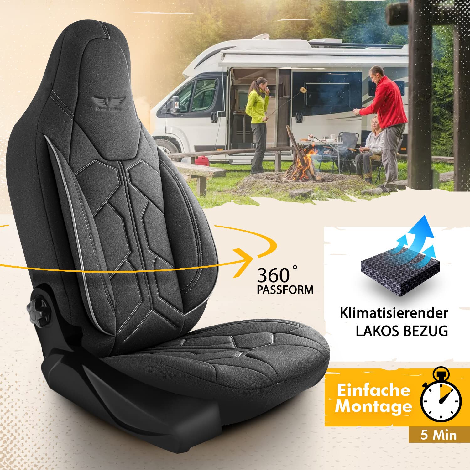 Royal Class Sitzbezüge passend für Aguti Sitze (Campingbus, Wohnmobil, Camper) (Schwarz-Grau) Pilot 1.1