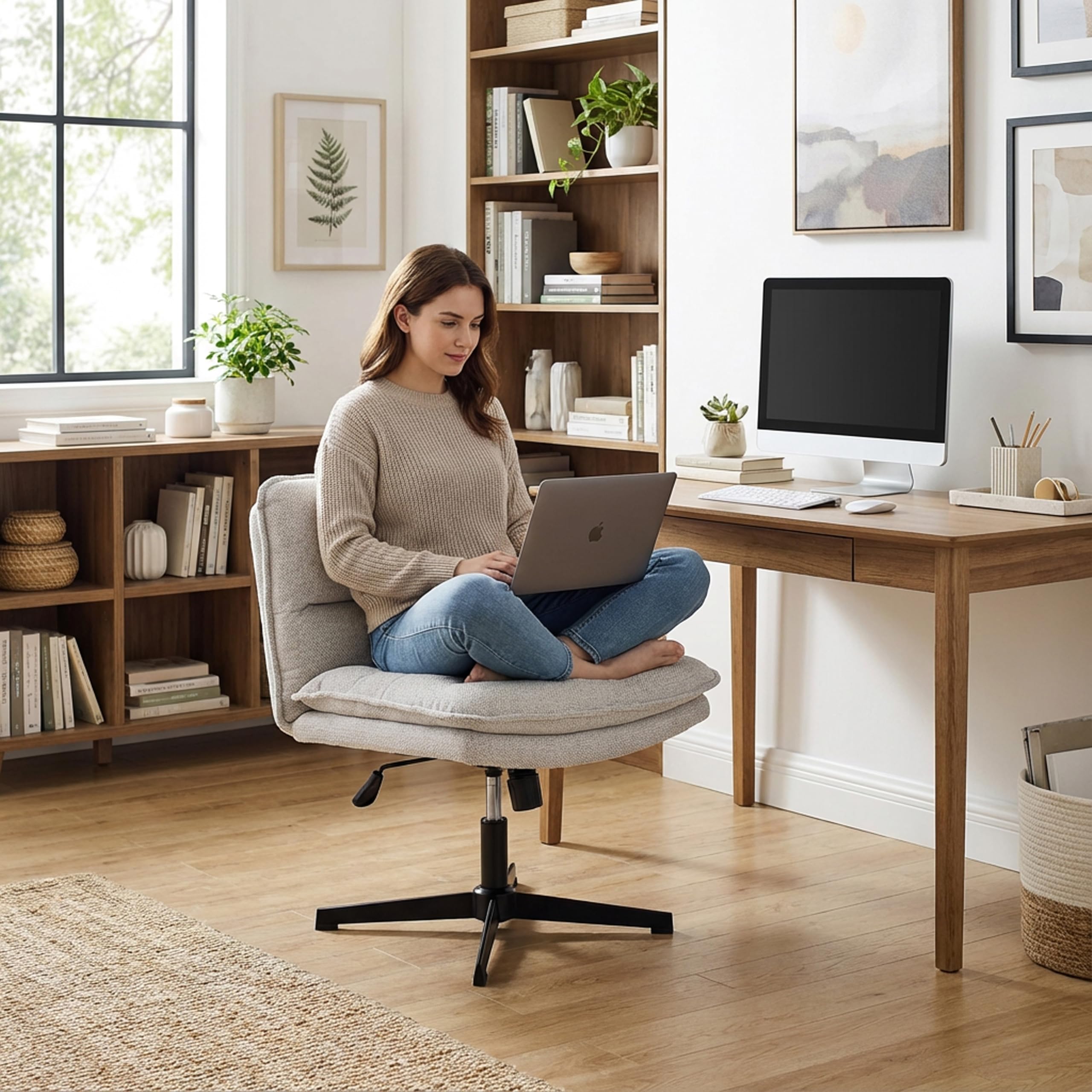 Krzesło biurowe bez podłokietników, szerokie krzesło krawieckie z wyściełanym siedziskiem, ergonomiczne krzesło Criss Cross Chair do domowego biura, salonu (jasnoszare)